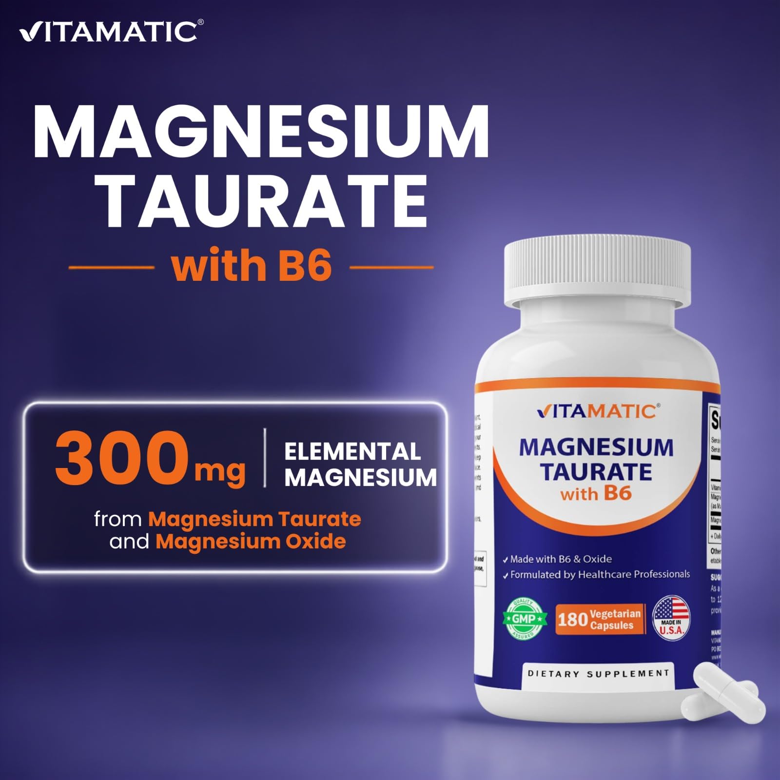 Vitamatic Magnesium Taurate 1500mg per Serving - 180 Vegetarian Capsules (Provides 300 mg of Elemental Magnesium) - Added B6 for Maximum Absorption - Supports Muscle, Joint, and Heart Health* — Amazon image 8