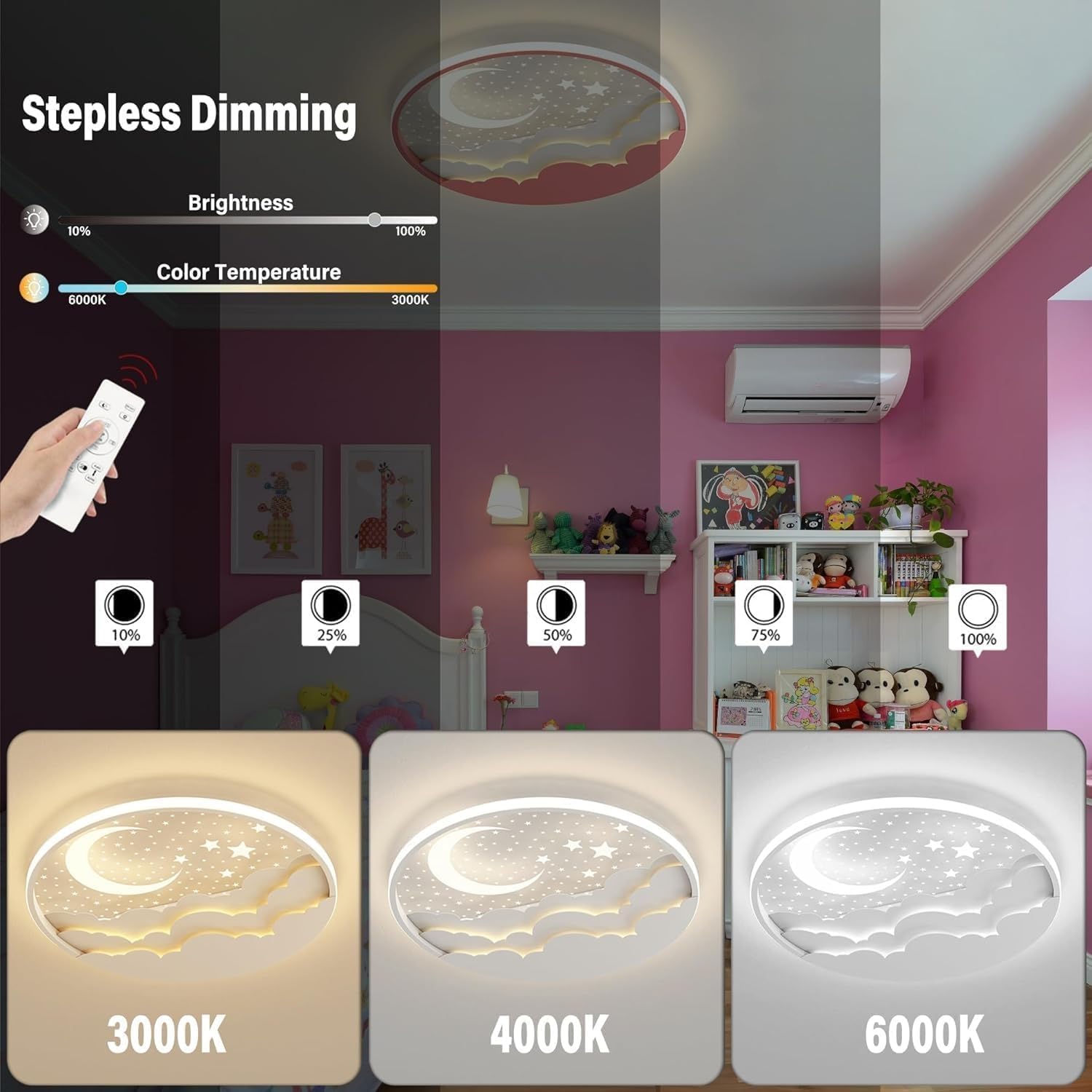 Lampa sufitowa do zabudowy, 19,6", z pilotem zdalnego sterowania, nowoczesna, okrągła, księżycowa gwiazda, lampa sufitowa LED, niskoprofilowa, do sypialni, pokoju dziecięcego