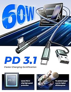 AINOPE USB C Cale for Carplay Fast Charger Cord,60W Charging Cable for iPad Charger and U SB C to USB C Devices,Right Angle Type C Cord Carplay Cable fit iPhone 16 Pro Series,1 Pack 3.3Ft Grey