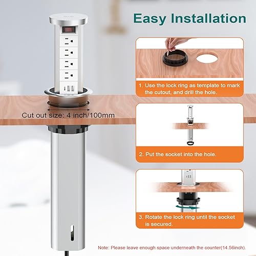 Miniatura 5 de Toma de corriente desplegable para encimera con PD 20W USB C, salida empotrada de encimera, 4 salidas de CA, 3 puertos USB y cargador inalámbrico de