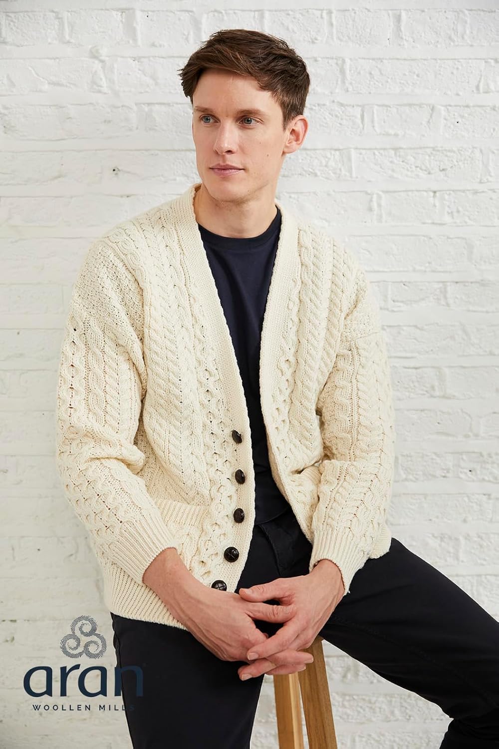 Aran Woollen Mills Men's Irish Cable Knit Cardigan Sweater, 100% Soft Merino Wool, V-Neck Buttoned with Pockets, Clare Island - Image 4