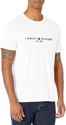 Tommy Hilfiger Camiseta de manga corta con logotipo para hombre, Blanco brillante