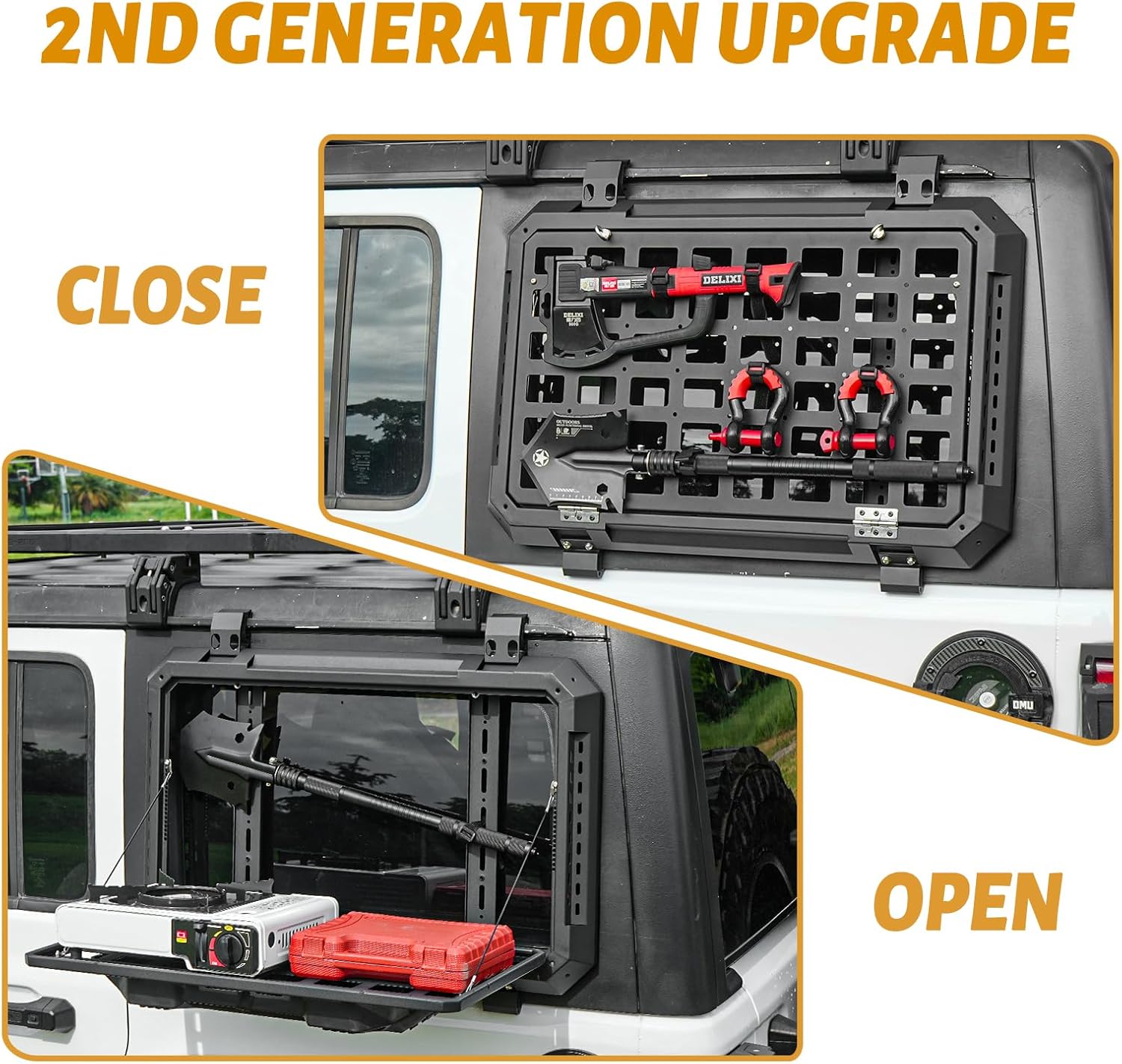 Multifunctional Rear Window Storage Table Molle Panel Kit for 2018-2024 Jeep Wrangler JL & JLU 4 doors Hardtop, Openable Design Tactical Molle Platform for Tools