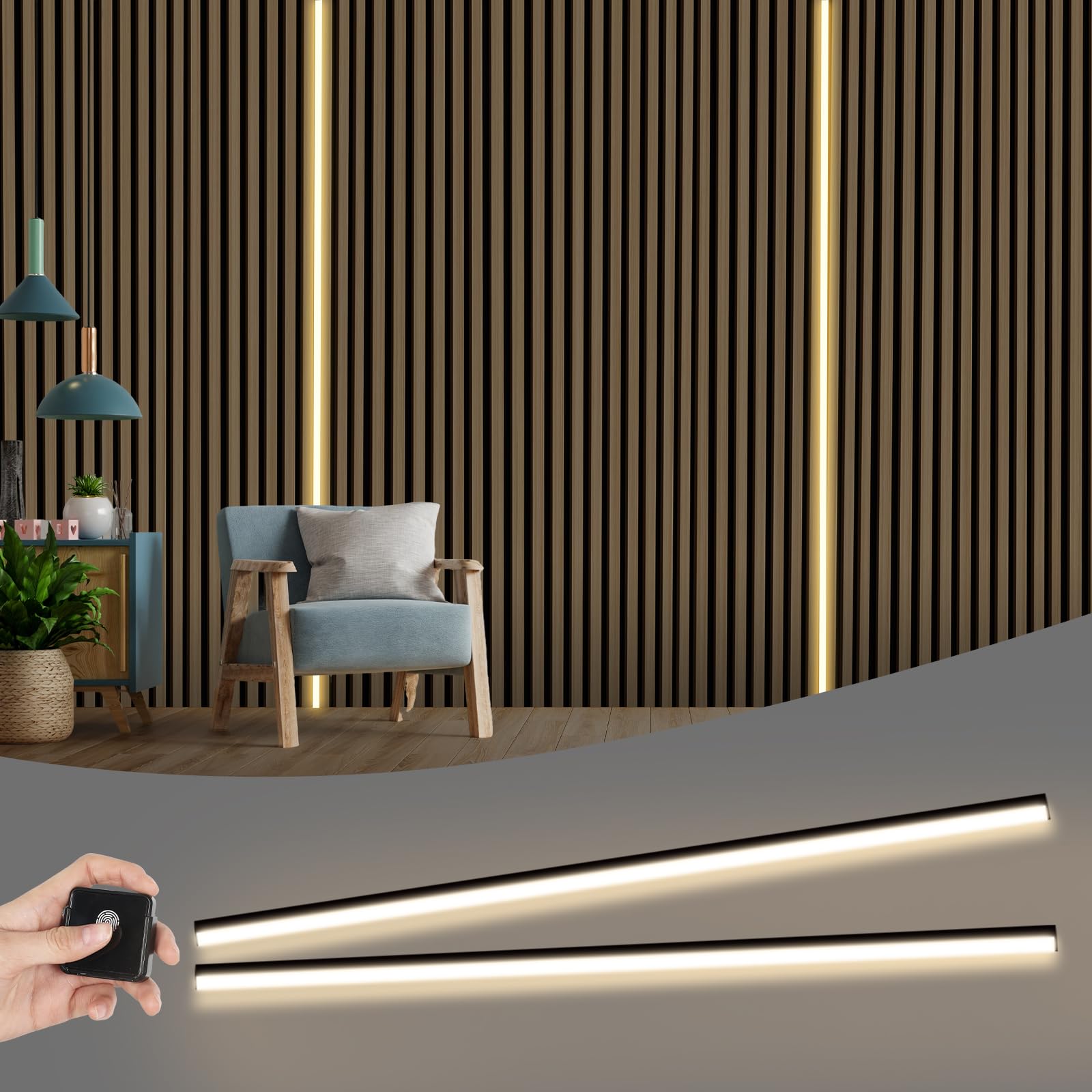 EUNEWR LED Strip Lights for Acoustic Wall Panels, 240 cm x 1.2 cm Acoustic Panels Embedded LED Light Strip, LED Wall Panel Lights with Touch Switch, Black, Dimmable, Cuttable (2PCS)