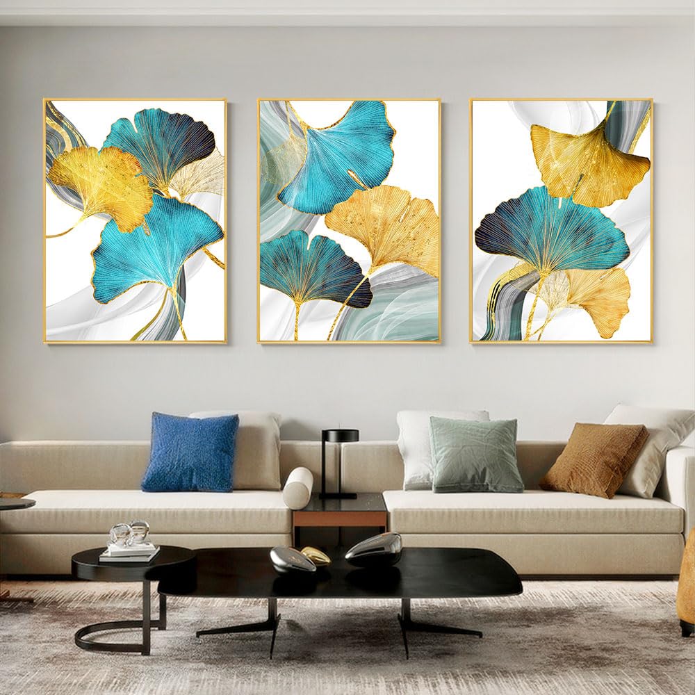 WBYZAC Wall Pictures-Abstract Wall Art Canvas Painting Gold Blue Green Ginkgo Biloba Leaf Poster Prints Picture for Modern Living Bedroom Kitchen Room Decor-40 * 50cm*3PCS (No Frame)