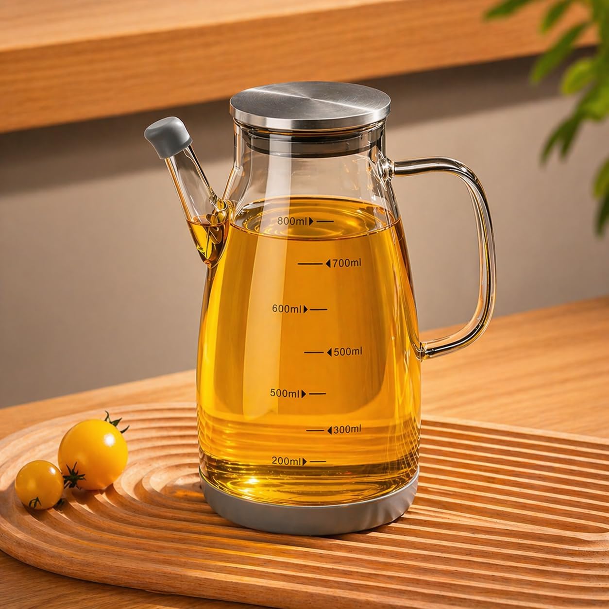 IKIRA 800ML Glass Oil Dispenser Bottle with Handle,Stainless Steel Lid, Leakproof Spout, Borosilicate Oil & Vinegar Jug Smart Controlled Oil Dispenser for Healthy & Clean Cooking-PC-1.-image-3