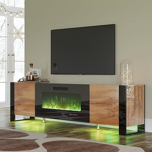 VanAcc 70" Fireplace TV Stand with 36" Electric Fireplace, High Gloss Entertainment Center with LED Lights, Modern Entertainment Stand for TVs up to