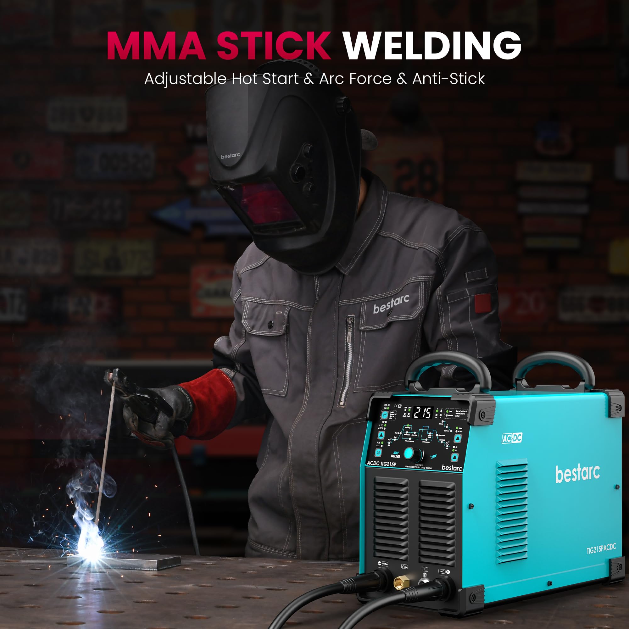 bestarc Soudeur TIG AC/DC, soudeur TIG en aluminium de 215 A avec impulsion TIG, machine de soudage TIG double tension 110 V/220 V avec soudage TIG CC/AC TIG/Pulse TIG/Stick Welding