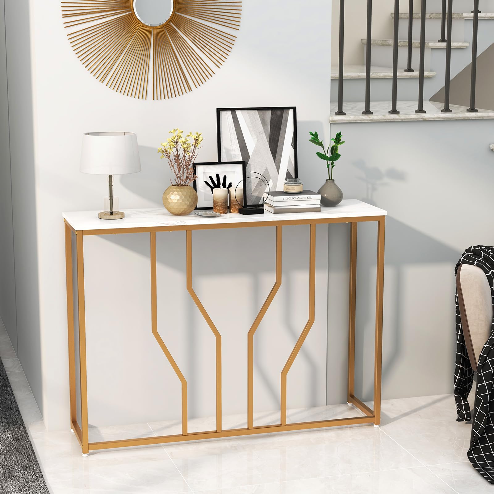 COSTWAY Tavolo Consolle 110cm, Tavolo da Ingresso con Piano Effetto Marmo, Struttura in Metallo, per Soggiorno, Corridoio, Ingresso