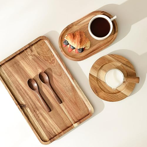 Miniatura 9 de YOUEON Juego de 2 bandejas de madera de acacia con borde elevado, bandeja rectangular de 14.2 x 9.5 pulgadas, plato de queso para aperitivo,