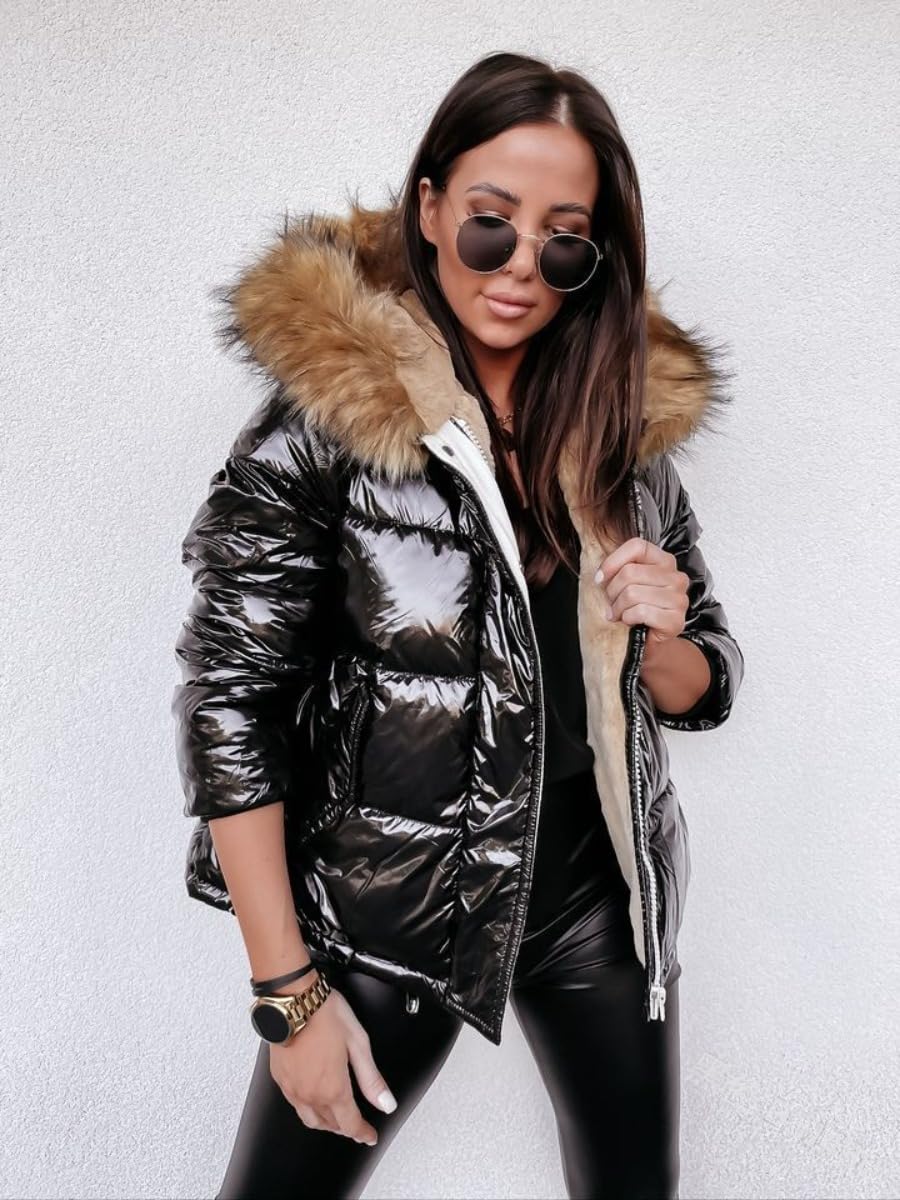 Donna Inverno con Cappuccio Piumino Moda Sottile Corto Luminoso Caldo Cerniera Piumino Sport All'aperto Antivento Impermeabile Piumino