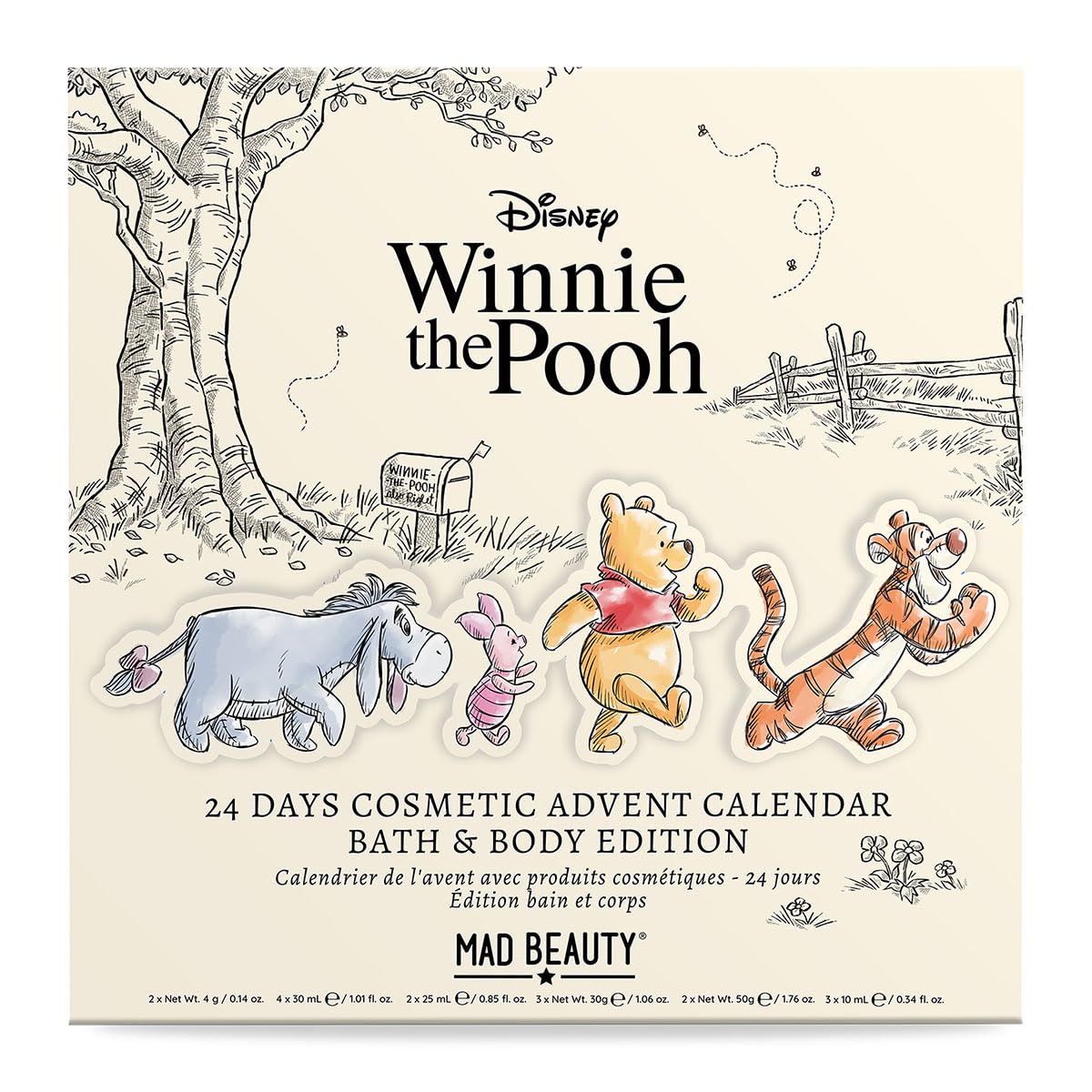 MAD Beauty – Calendario de Adviento Disney WINNIE THE POOH con 24 productos cosméticos, bienestar, mujeres, mascarilla facial, loción corporal, goma para el pelo, lima de uñas, belleza