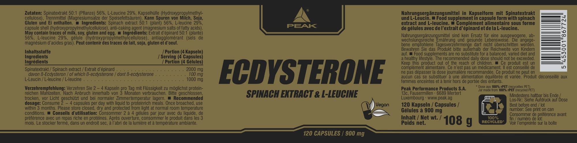 PEAK Ecdysteron - 120 Kapseln I 30 Portionen I 100mg Beta Ecdysteron pro Portion I Spinatextrakt I pflanzliches Steroidhormon I mit L-Leucin