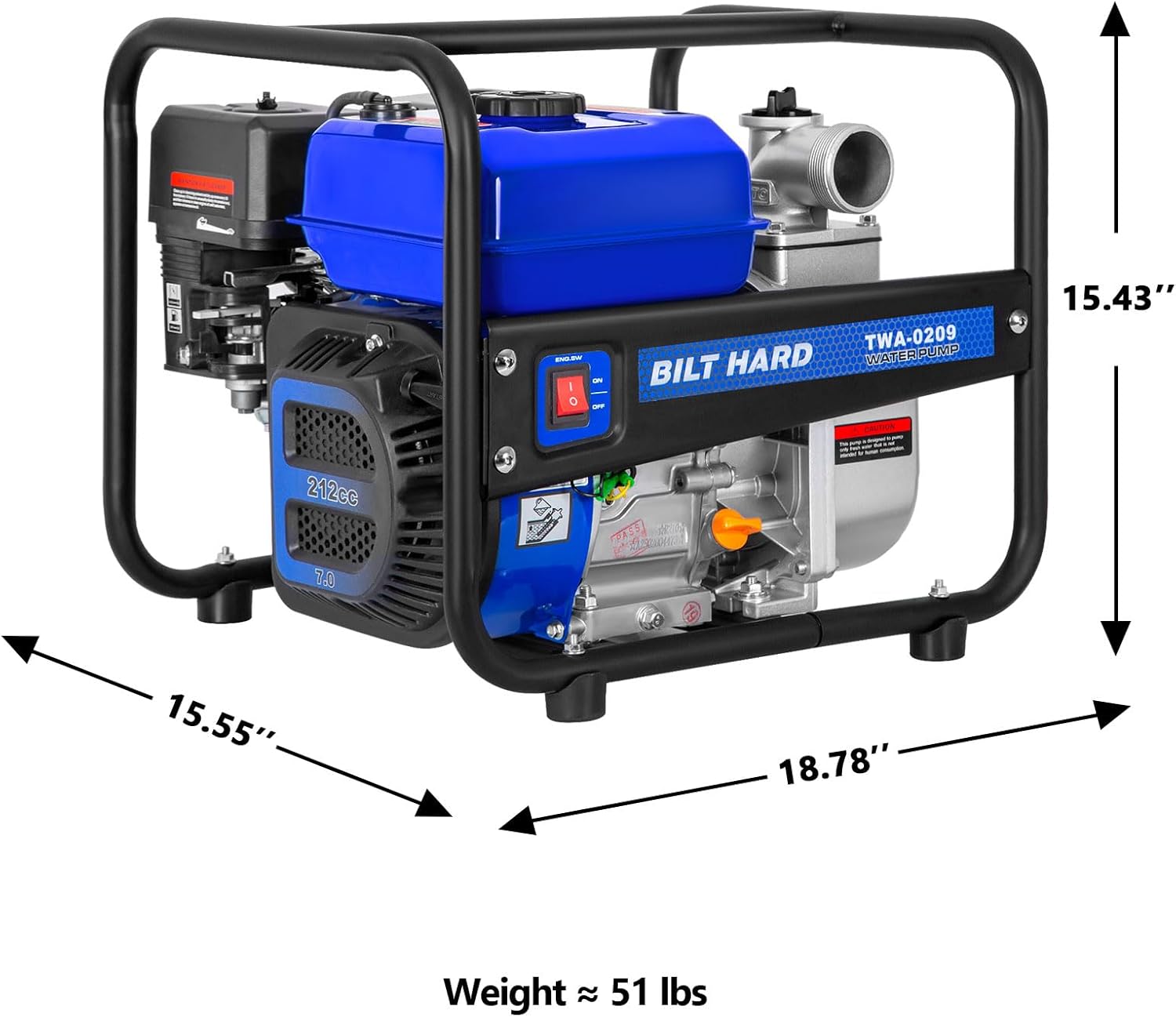 BILT HARD Semi Trash Pump 2 inch, 158 GPM 7HP Gas Powered Water Pump, 212cc 4-Cycle Engine with 50 ft Discharge Hose, 12 ft Suction Hose and Complete Fittings, EPA Certified
