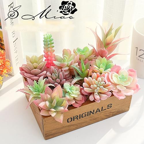 Miniatura 8 de Cayway 10 plantas suculentas artificiales, suculentas falsas rosas sin maceta, surtido de suculentas falsas en azul flocado en diferentes tipos para