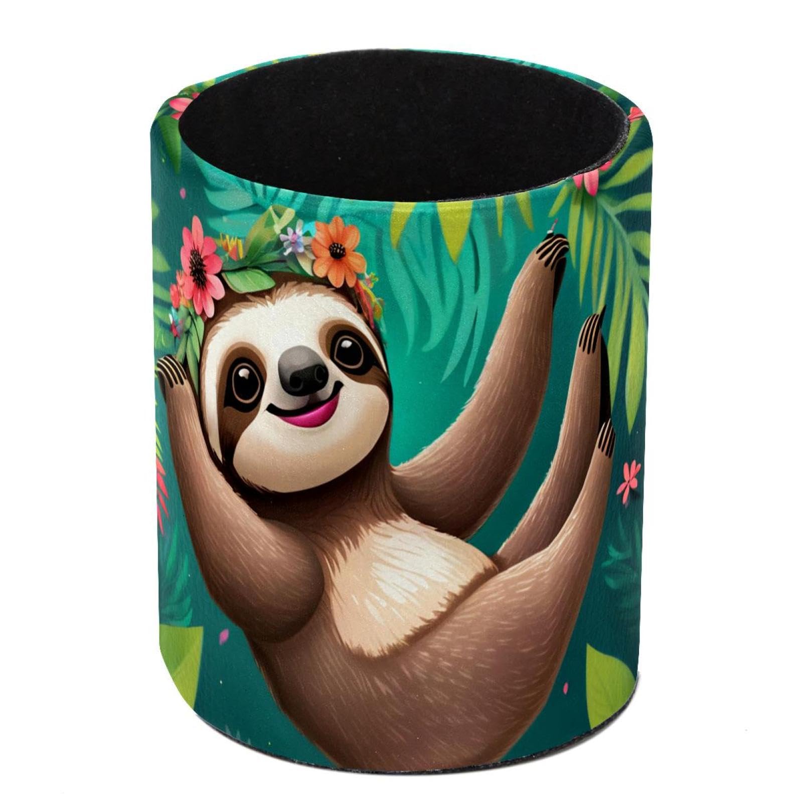 HEOEH Tropical Sloth Pen Holder for Desk, PU Leather Pencil Holder Pen Cup Marker Holder Makeup Brush Holders, Desk Accessories & Workspace Organizers for Home, Office