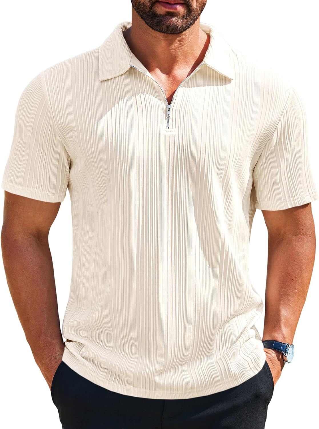 Runcati Mens Quarter Zip Polo Shirts Knit Textured Casual Short Sleeve Shirt Lightweight Golf Tops