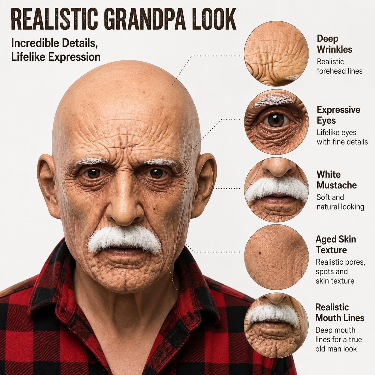 TIODIO Realistic Old Man Latex Mask for Adults, Funny Grandpa Full Head Costume Mask with Wrinkles and White Mustache, Bald Elderly Man Mask for Halloween Cosplay Parties Pranks and DIY Styling