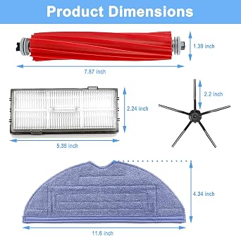 Roborock Replacement Parts for Roborock S7,S7+,S7 MaxV,S7 MaxV Plus,T7S,T7 plus,T7S plus Robot Vacuum,1 Roller Brush, 2 Filter, 3 Side Brush, 2 Mop Cloth