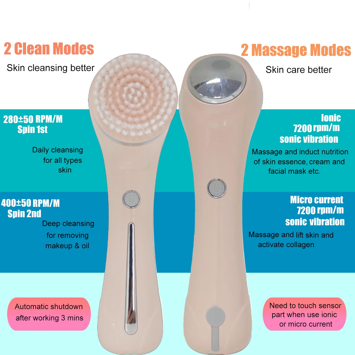 Cepillo de limpieza facial, 2 en 1, resistente al agua, IPx7, con 4 cabezales de cepillo, cepillo facial exfoliante recargable, limpieza profunda, exfolia suavemente y elimina puntos negros, rosa