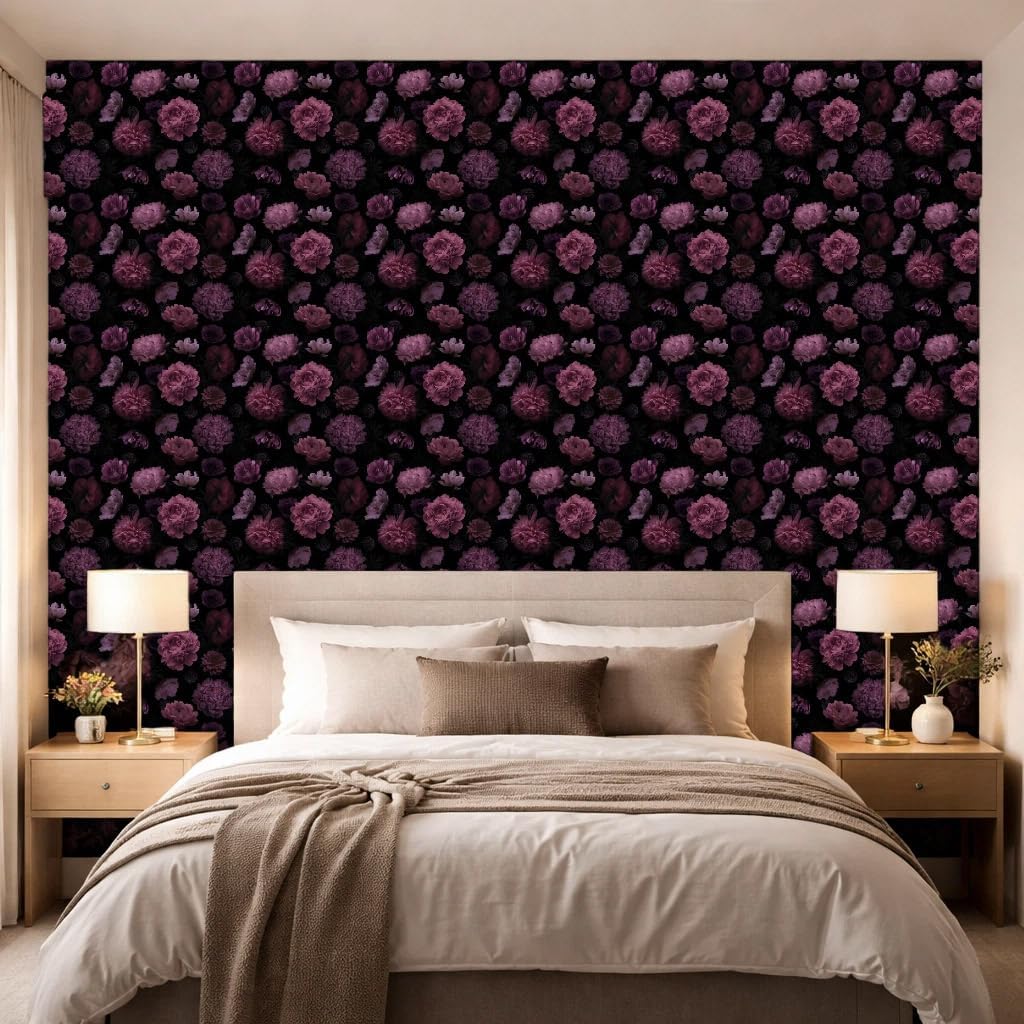 Peel and Stick Wallpaper Dark Floral Peony, Self Adhesive Purple Floral Wallpaper, Vintage Moody Flower Removable Renter Friendly Waterproof 17.7" x 124"