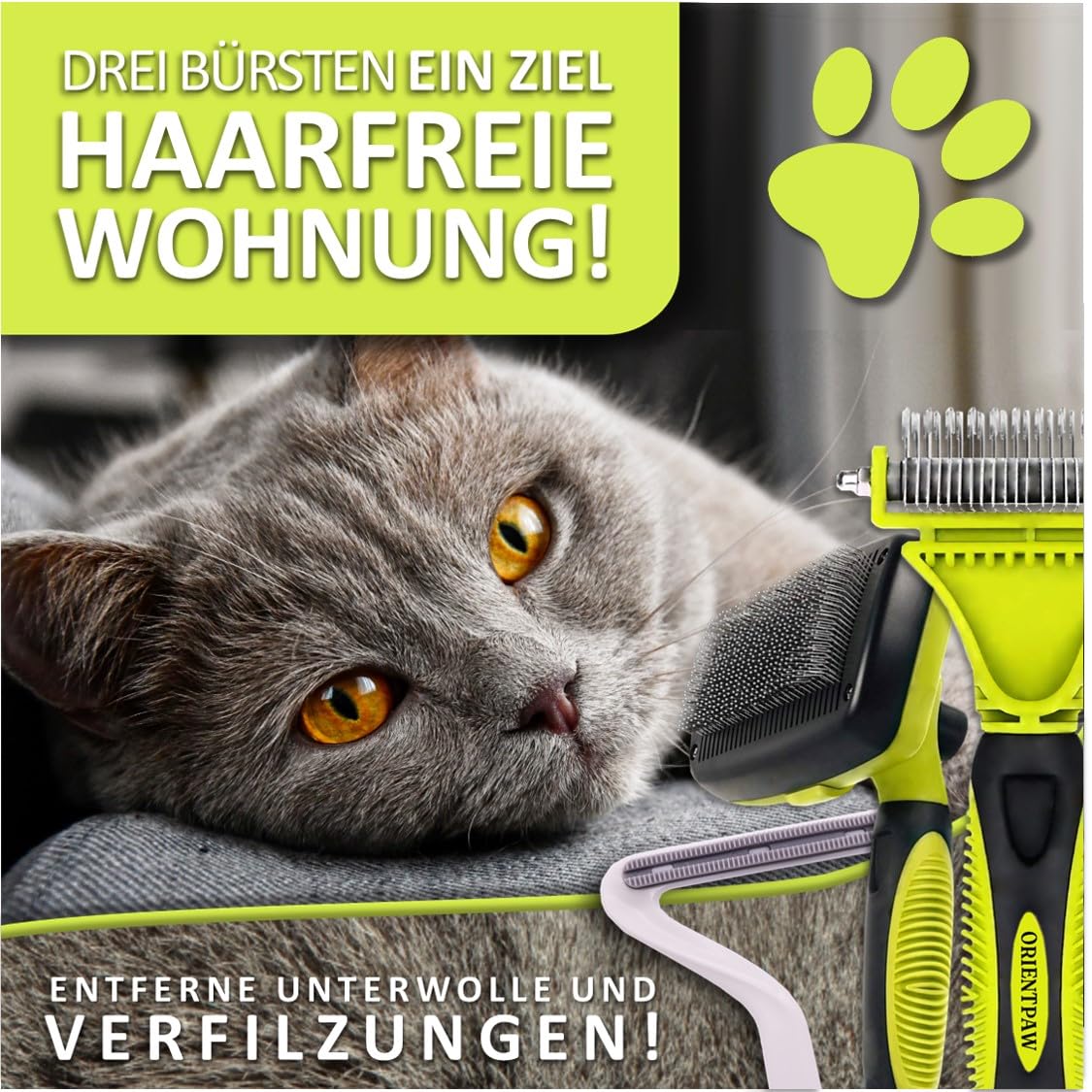 ORIENTPAW® Professional Cat Brush Set of 3, Cat Care Set, 100% Comfort & Hygiene Thanks to Rounded Massage Bristles - Image 2