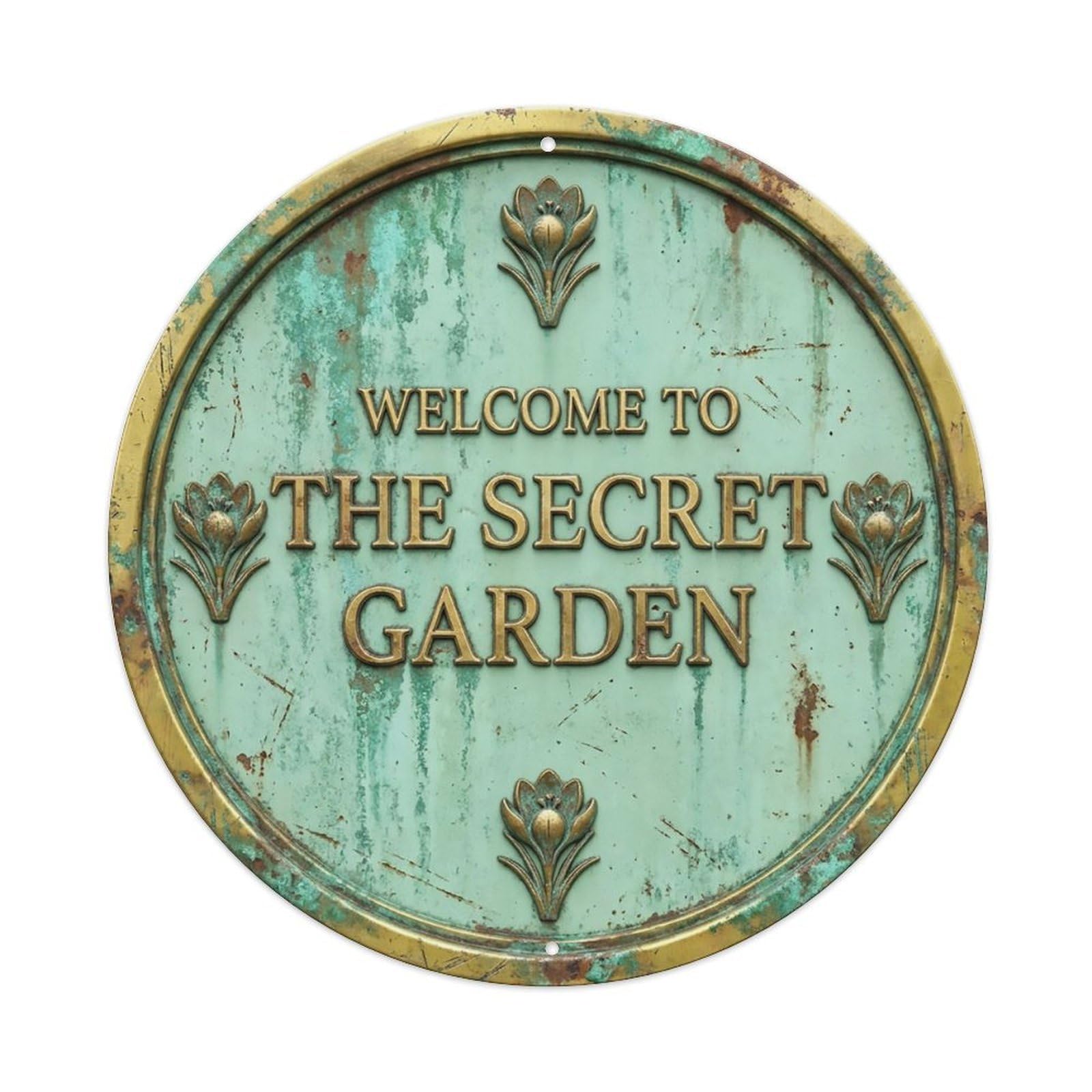 Vintage Welcome Secret Garden Brass Mint Crocus Metal Tin Sign