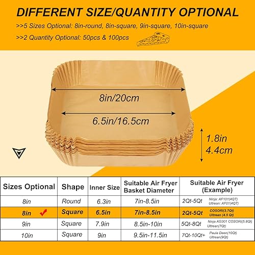 Miniatura 8 de BYKITCHEN Hojas para freidora de aire para parrilla Ninja AG301, Cosori, freidora de aire Gourmia, filtros de papel pergamino cuadrados de 9