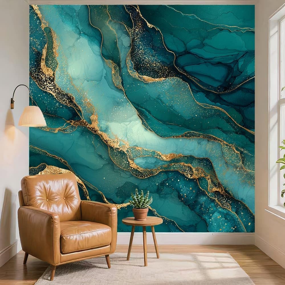 Tapeta panoramiczna 300 x 210 cm, pozłacana sztuka marmurowa, fototapeta, neutralna zapachowa i usuwalna, bezszwowe łączenie, "zrób to sam", obraz ścienny, zielona, do salonu, wynajmowanego mieszkania