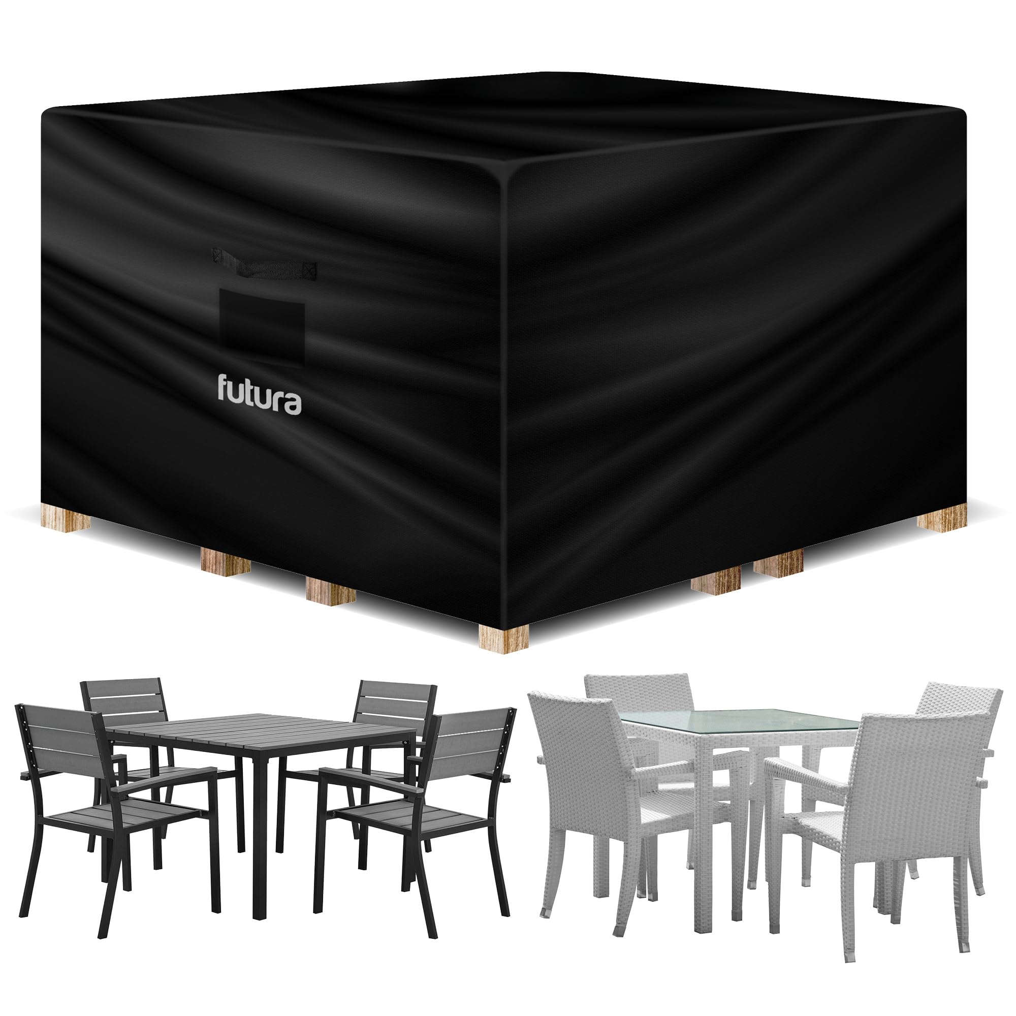 Futura 420D Waterproof Square Garden Furniture Cover - 250x250x90cm - Black Rattan Sofa Shield