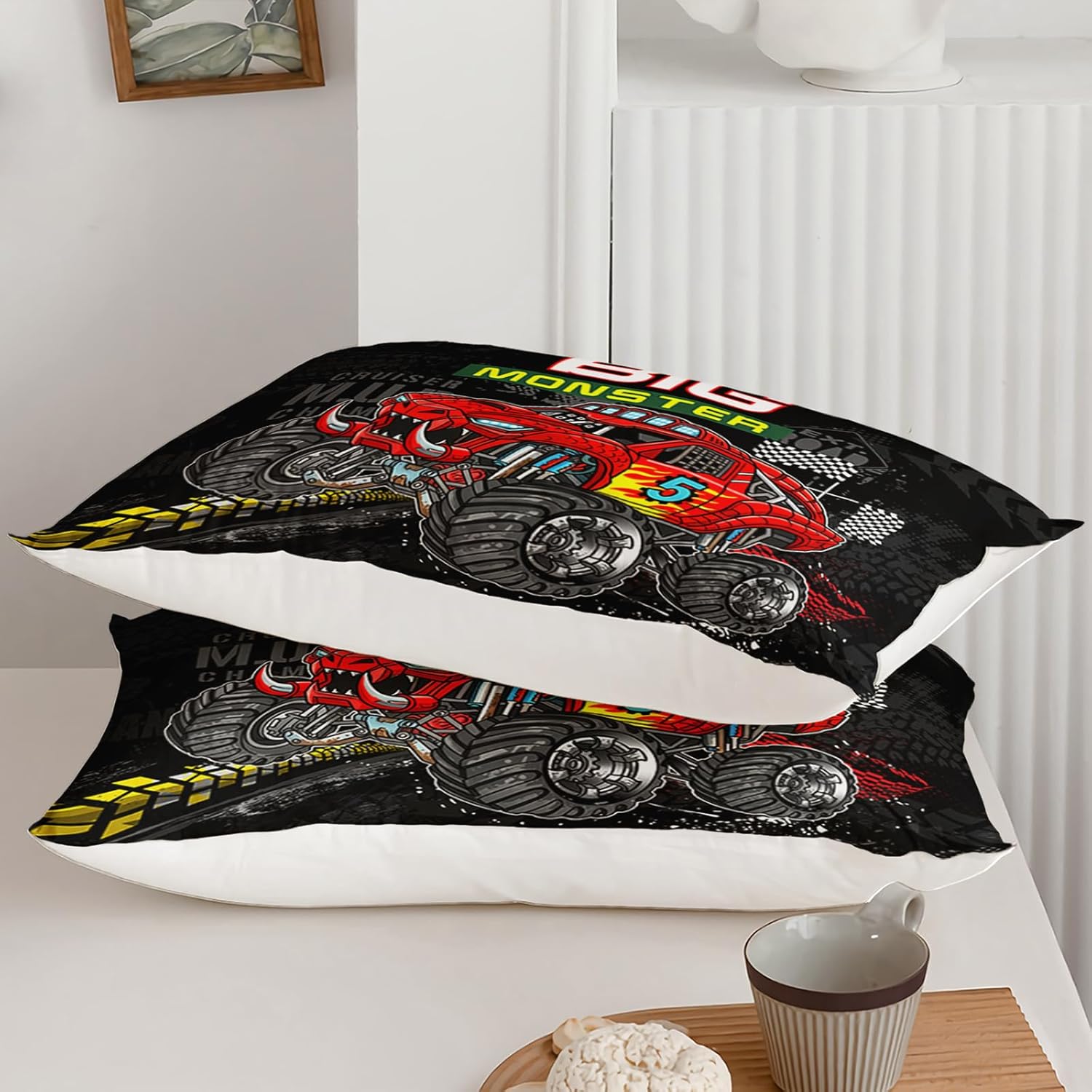 AILONEN Cartoon Truck Duvet Cover Set Queen Size, Monster Trucks Bedding Set for Kids Boys,Offroad Automobile Extreme Sport Theme Comforter Cover,3-Piece,Soft Breathable Quilt Cover and 2 Pillowcases