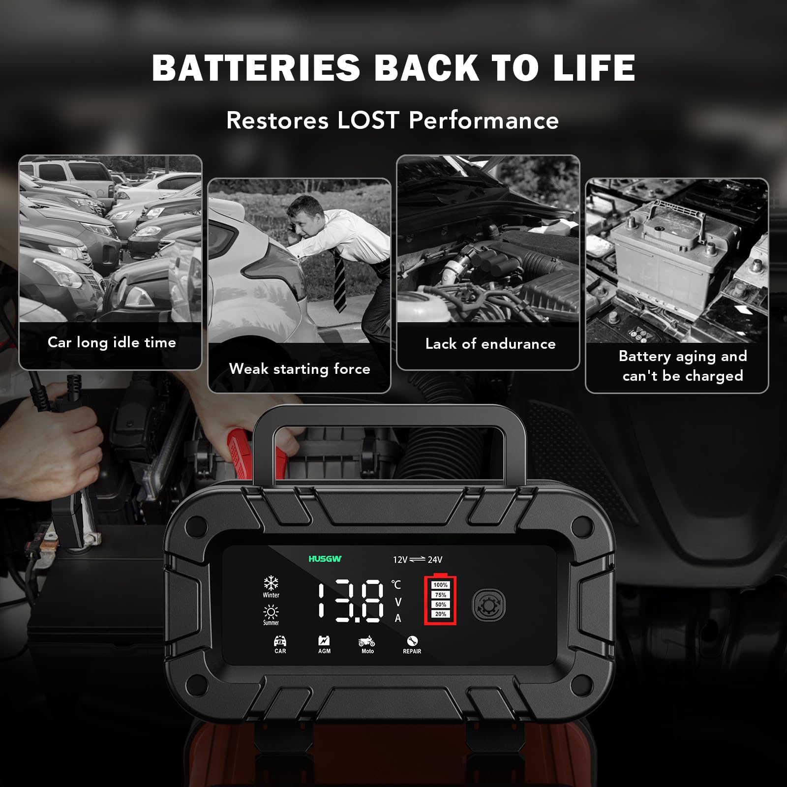 Cargador de batería de Coche Inteligente de 12V/24V 10A, Cargador Completamente Automático y Pantalla LCD, para Coche,Moto,camión,AGM,Gel,SLA (2-100 AH)