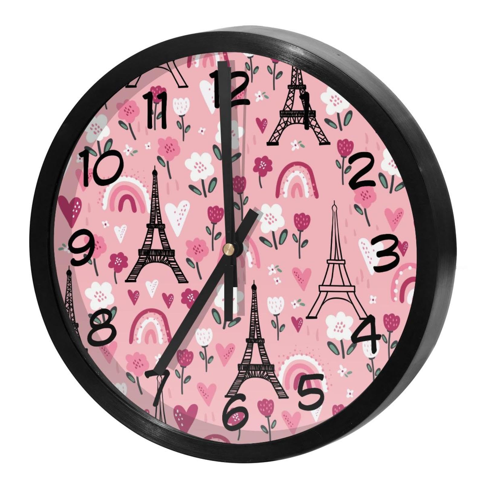 Horloge murale sans tic-tac à piles avec grand cadran fleuri Tour Eiffel pour la cuisine