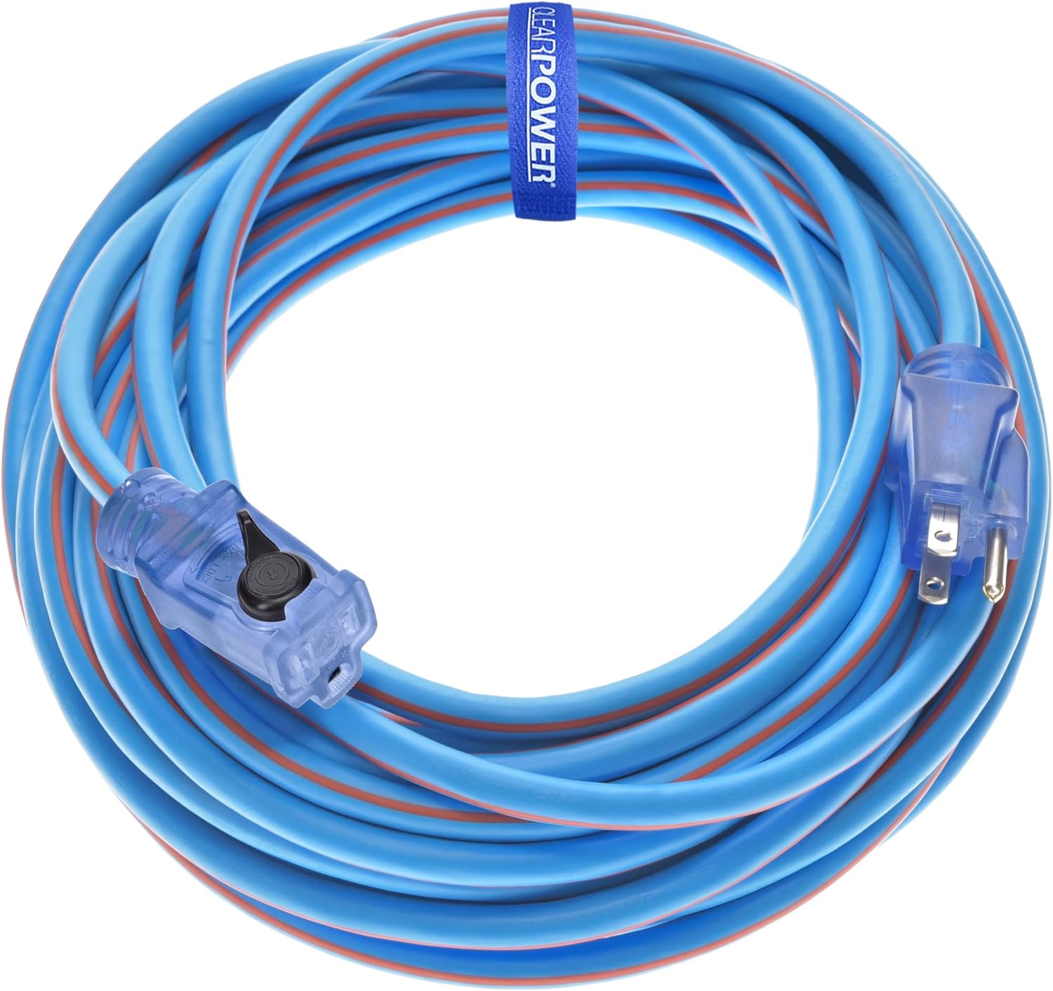 Clear Power Heavy Duty Extension Cord - 50 FT, Blue/Orange | 14/3 SJEOW, Flame Retardant, TPE Rubber, Oil, Water, Weather & Kink Resistant, 3 Prong Grounded Plug with Lighted Locking (CP10088)