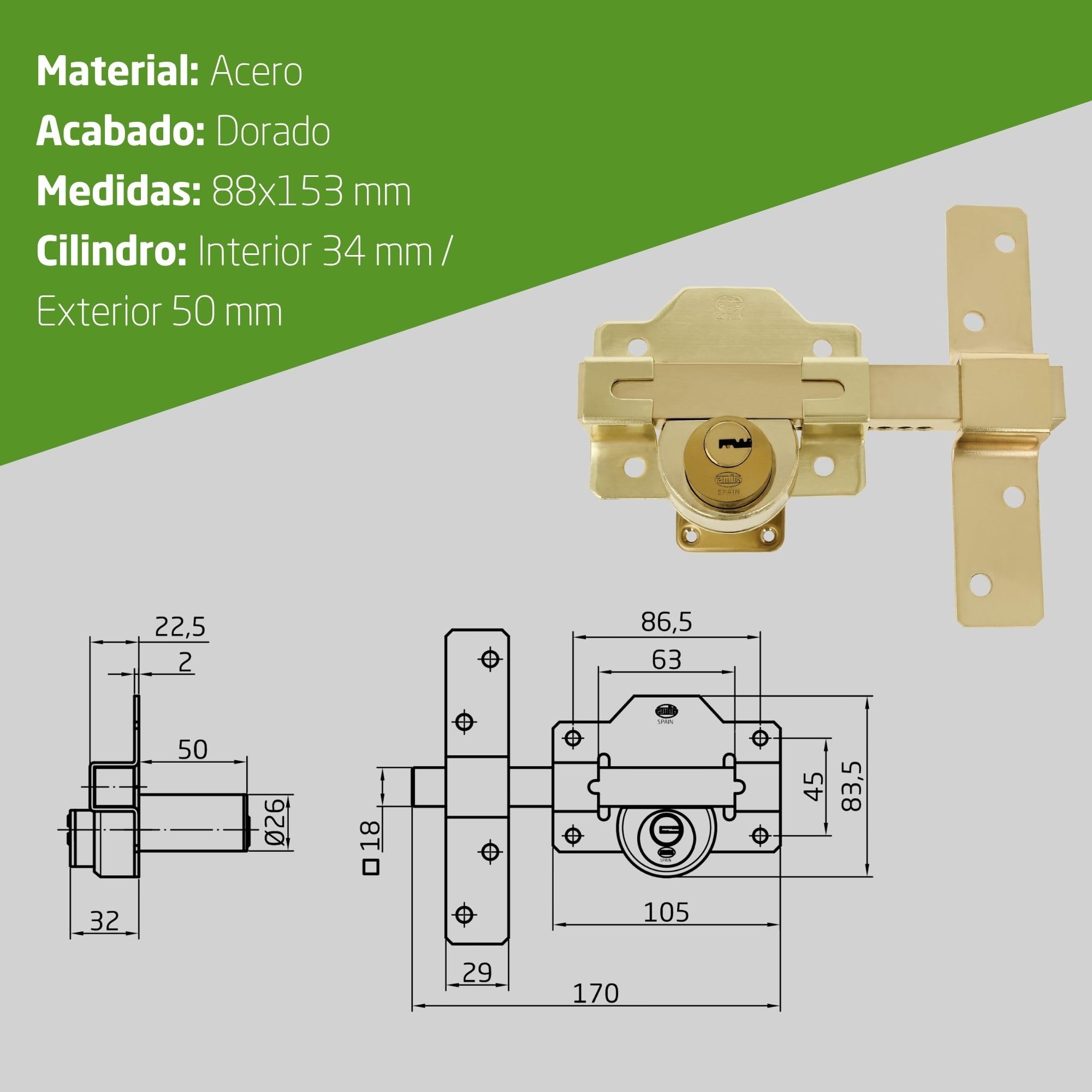 Amig - Cerrojo de Sobreponer con Cilindro Redondo Interior y Exterior Mod. 4-88 x 153 mm - Cerradura de Seguridad con Llave - Incluye 5 Llaves de Punto - Acero Dorado
