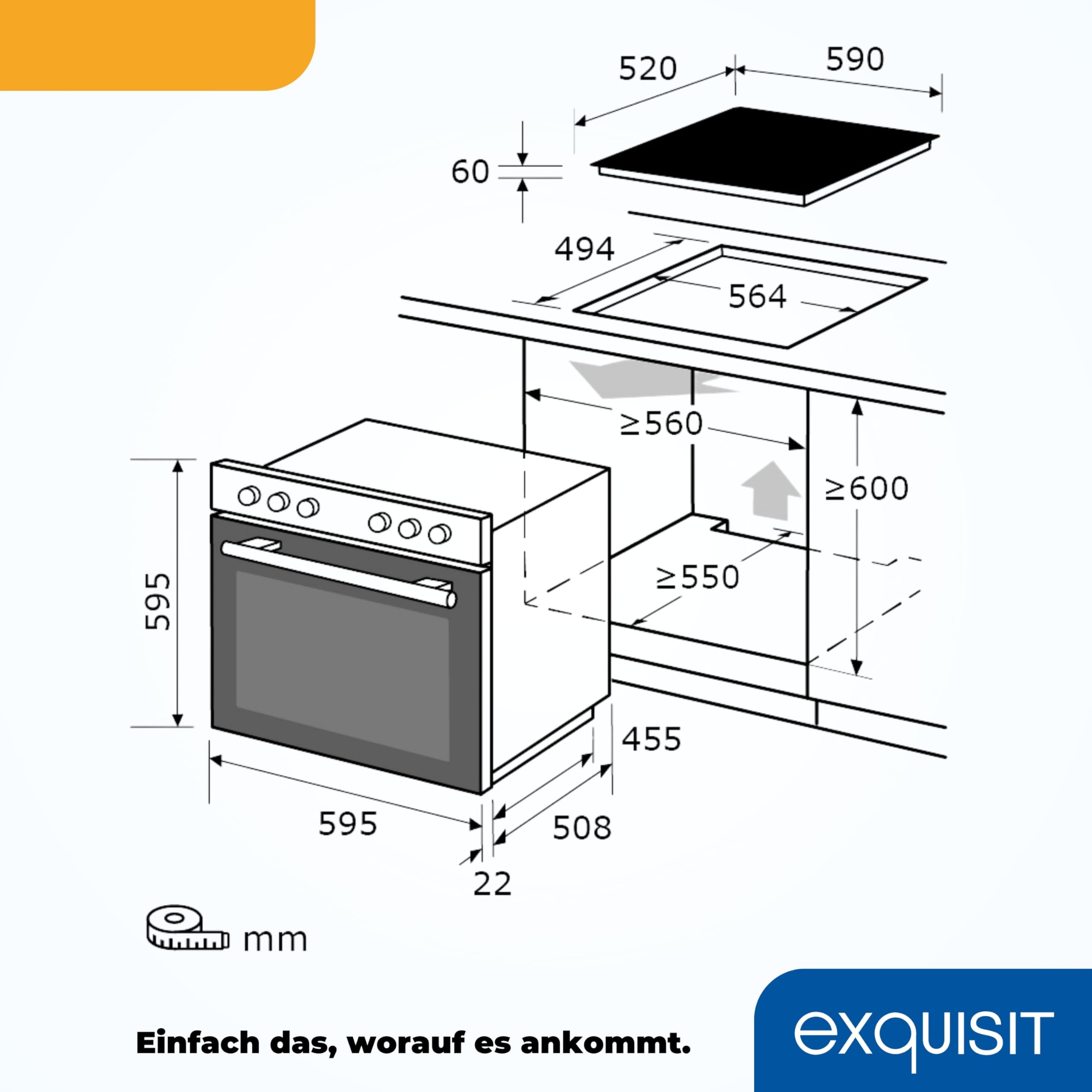 Exquisit Herd-Set EHE256-U-020-Set schwarz | EEK: A | 59,0 l Garraum | Glaskeramik Kochfeld | Herd-Set 60 cm