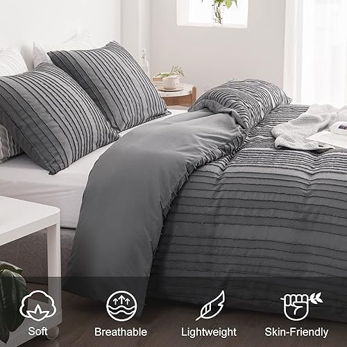 Miniatura 3 de WARMDERN Juego de funda de edredón bohemia gris, funda de edredón con textura a rayas, juego de ropa de cama copetuda, 2 piezas, tamaño individual,