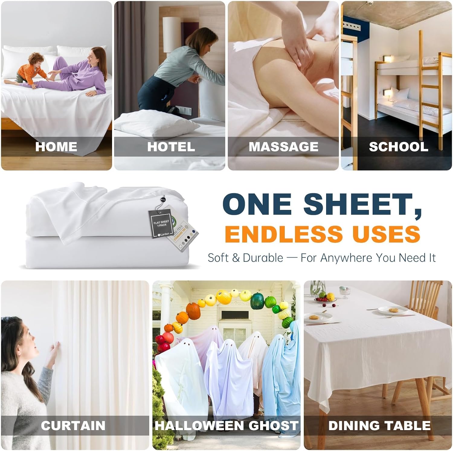 Lavisun Twin Flat Sheets Only, 1 Pack Soft Brushed Microfiber Bedding Sheets for Hotel, Massage, Hospital, Home, Dorm, Bulk Top Flat Sheets Only Twin Size (White)