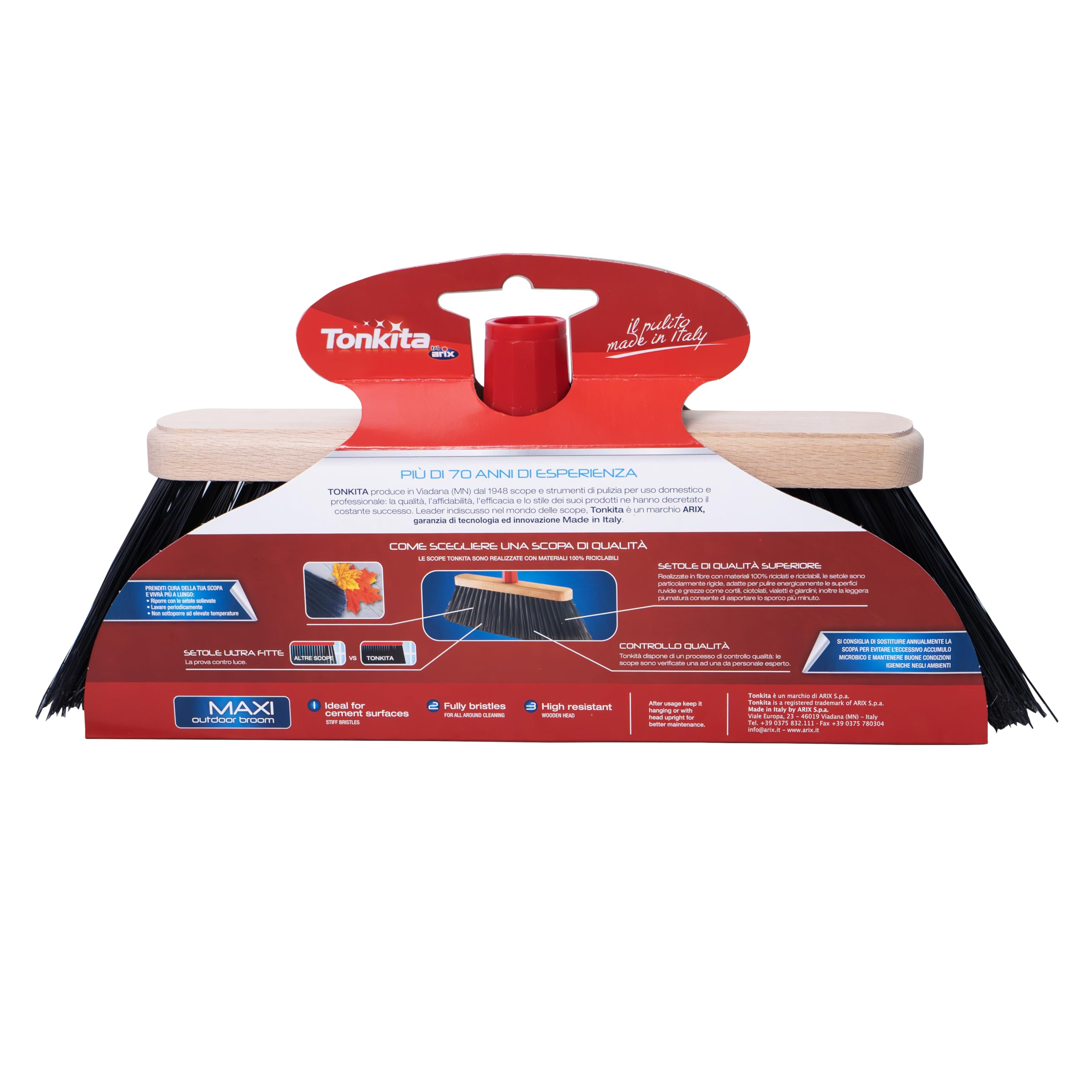 TONKITA | Maxi Scopa per Spazi Esterni, con Assicella Robusta in Legno, Setole Fitte e Inclinate, Materiale 100% Riciclato e Riciclabile, Made in Italy