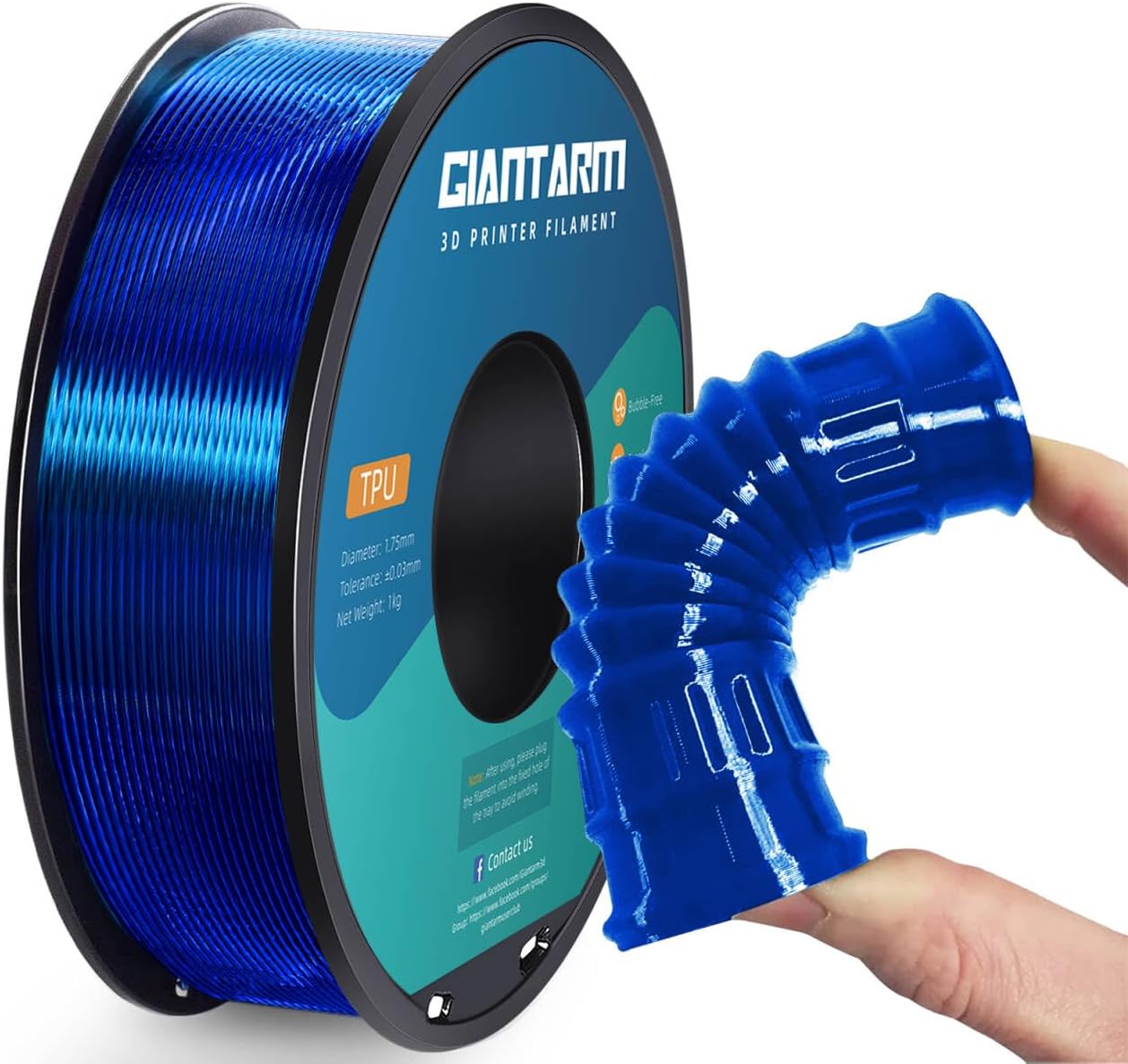 GIANTARM TPU Filament 1.75mm Flexible Soft 3D Printer Consumables Blue,95A 1kg Spool (2.2 lbs.), Dimensional Accuracy +/- 0.05 mm