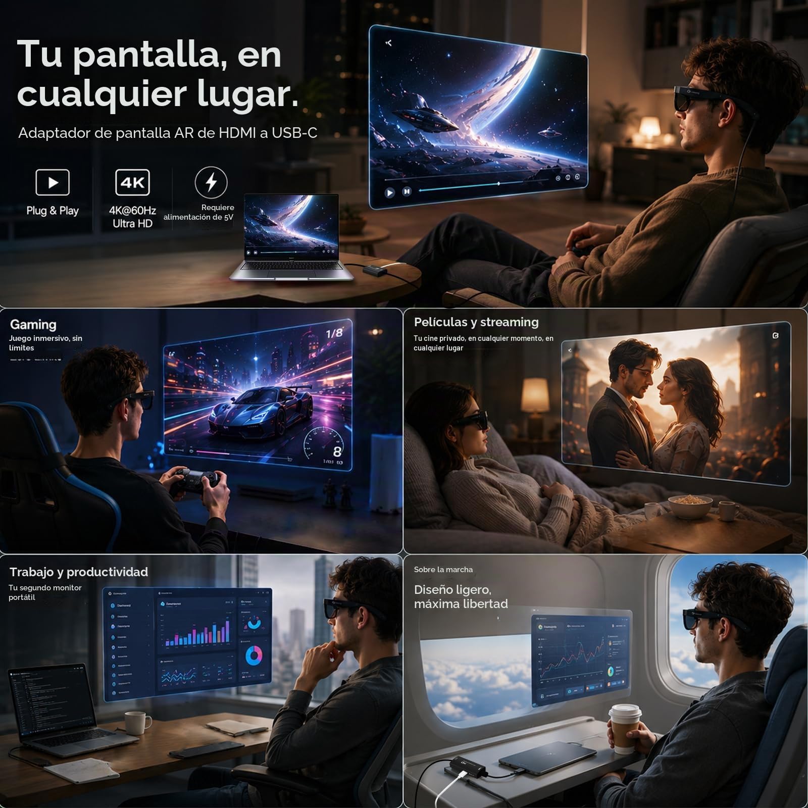 Guermok Adaptador HDMI a USB-C para gafas AR, convertidor AR 4K@60Hz con carga y puerto DC 5V – Compatible con XREAL One/Air 2 Pro, RayNeo, Rokid, Switch2/1, Xbox1, PS4/5, monitores portátiles (Negro)