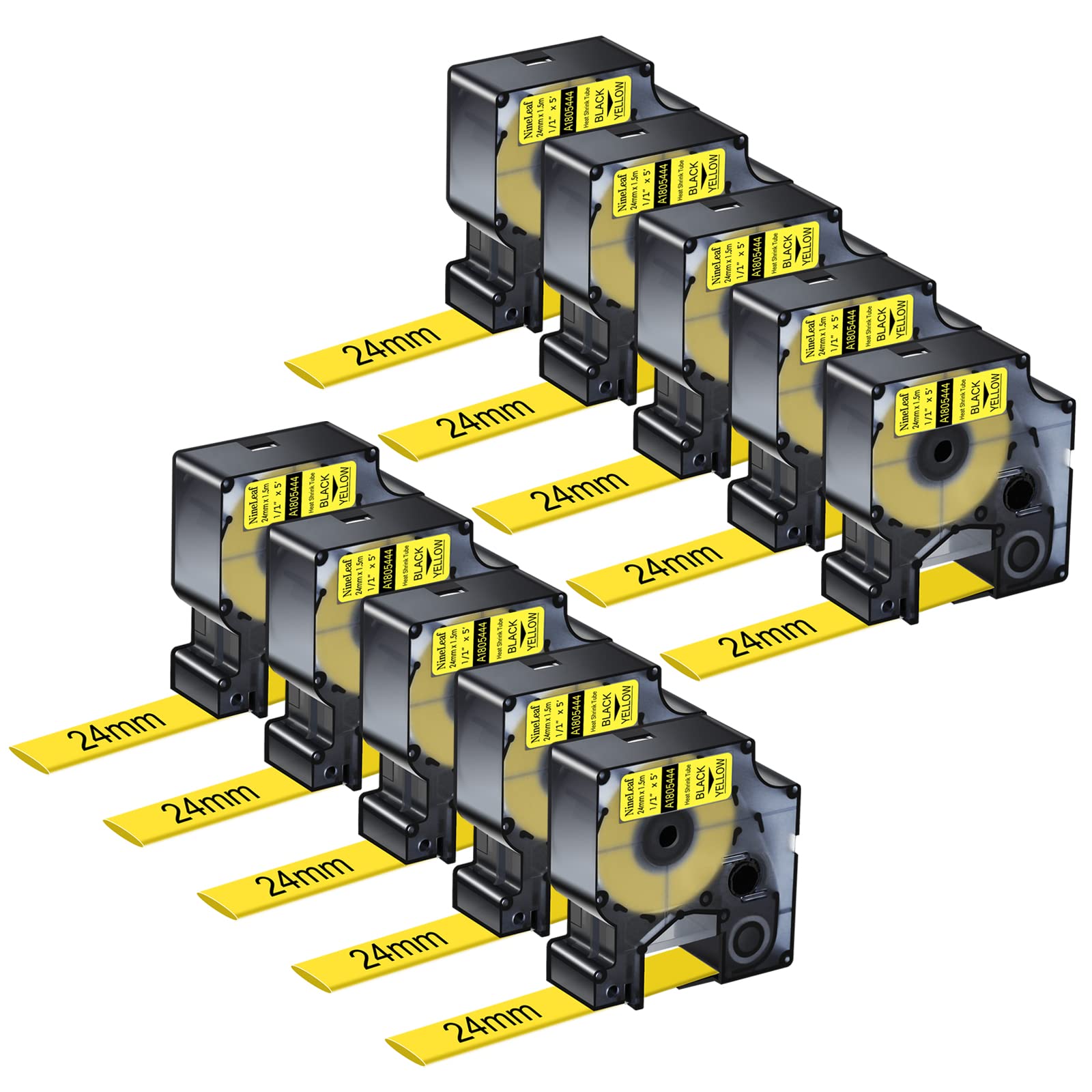 NineLeaf 10 x Compatible for Dymo Rhino 1805444 Tape Black on Yellow IND Heat Shrink Tube 1'' 24mm x 1.5m for Wires Cables in Rhino 6000 Professional (1734519) Industrial Label Maker