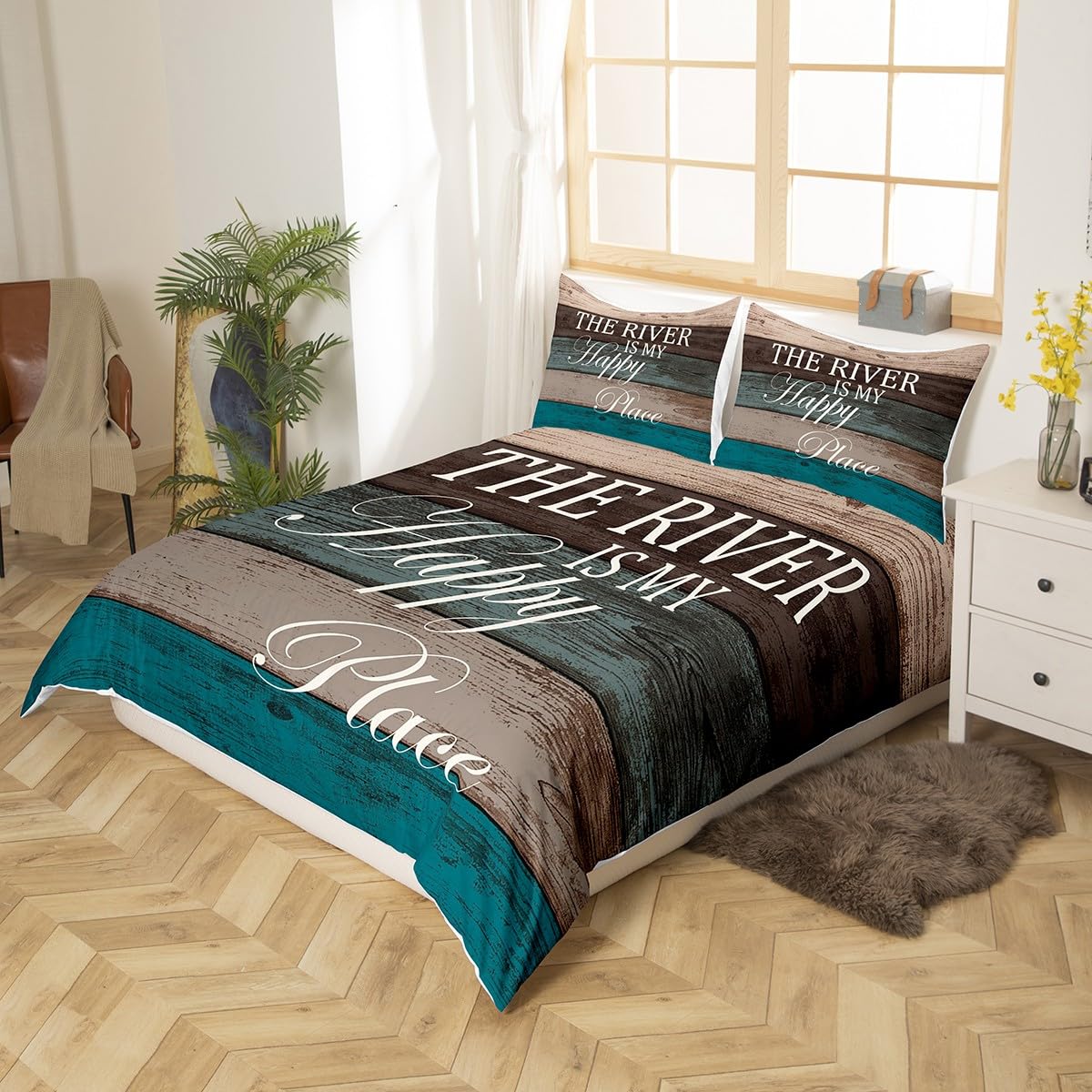 Set Biancheria Letto Matrimoniale Motivo Fiume In Legno | Piumino 228x228 Cm Con 2 Federe | Morbido Tessuto 3D Per Ragazzi E Ragazze