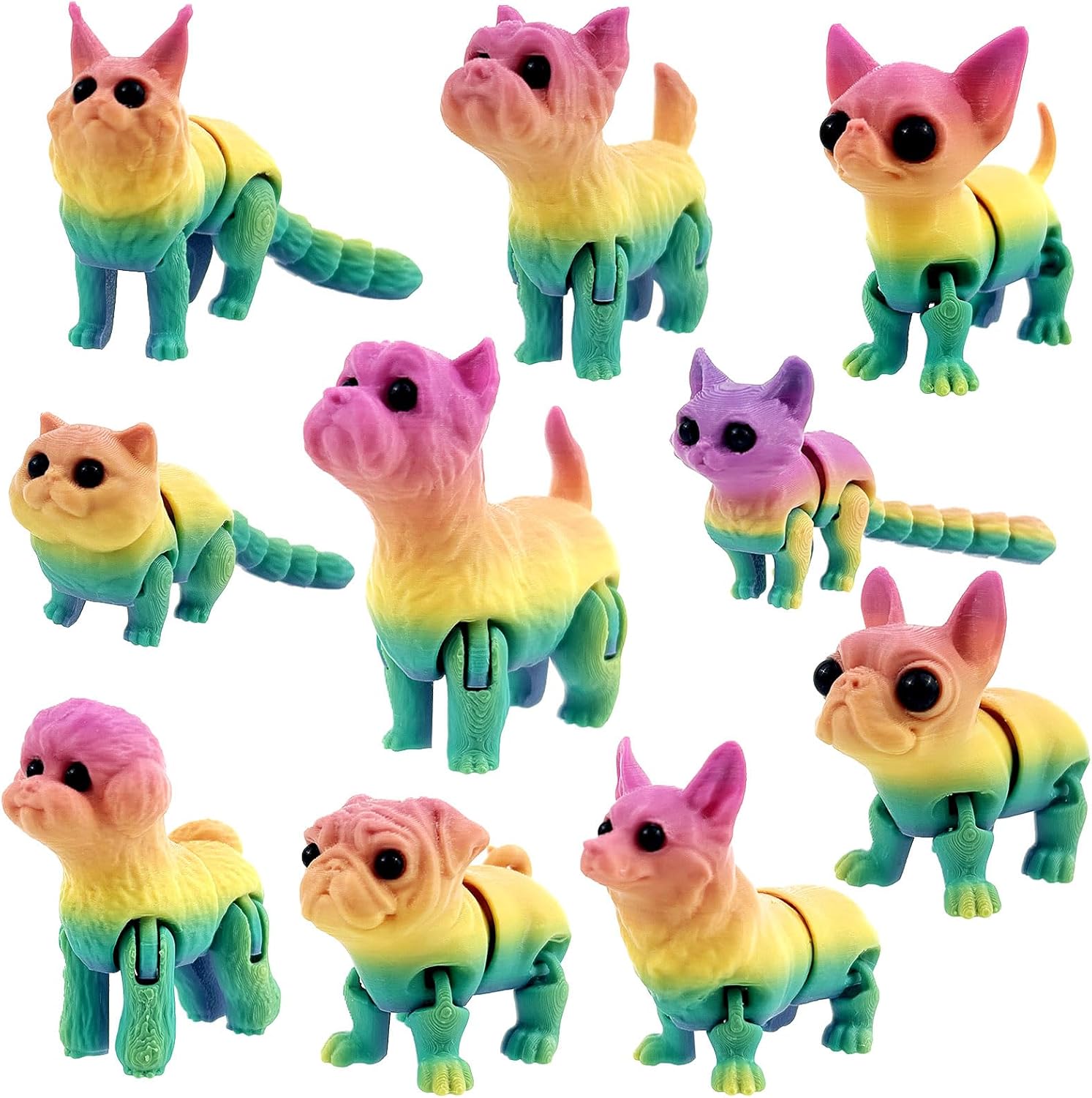 10 Pcs 3D Printed Fidget Cats and Dogs Toy Set, Small 3D Prints Movable Articulated Animal Models for Executive Home Office, Mini Stress Relief 3-d Printer Animals Toys Decor for Adults Kids (CH1)