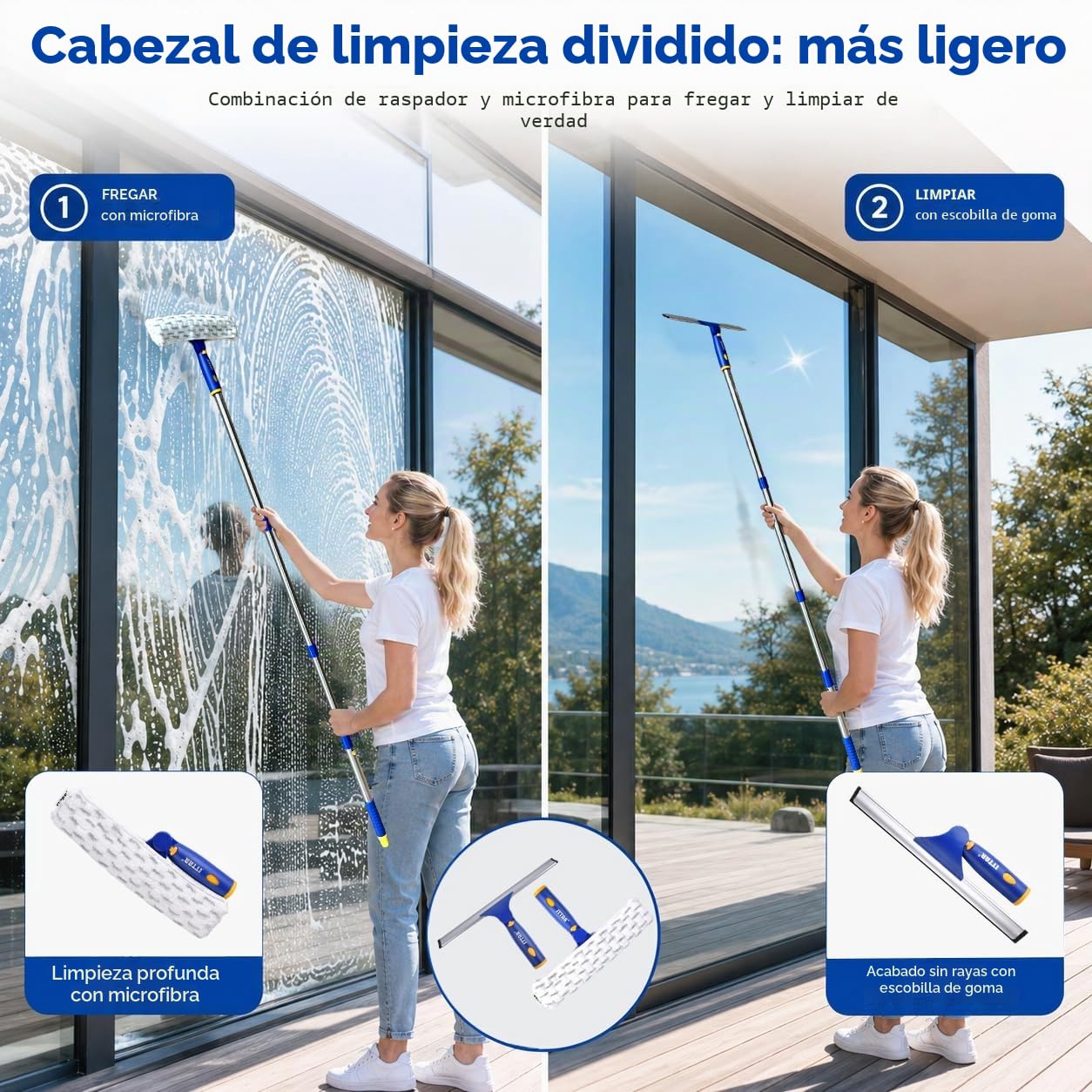 ITTAR Limpiacristales, escobilla giratoria y Estropajo de Microfibra con Poste Extensible de Acero Inoxidable de 3 Secciones, Herramienta de Limpieza de Ventanas con 2 Almohadillas de Microfibra para