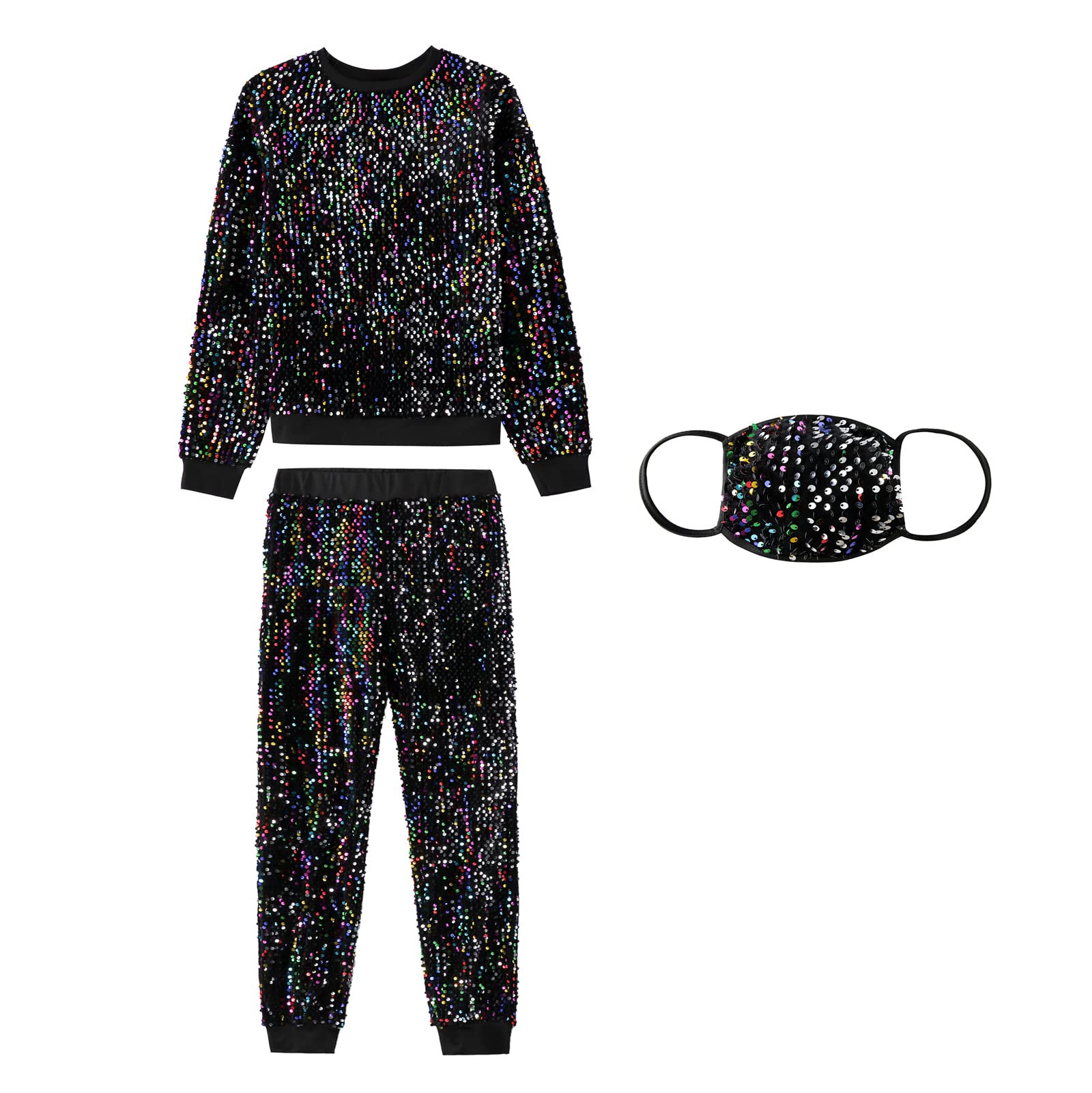 Jamron Mujer Brillante Lentejuelas Ropa de Fiesta Top + Pantalones + Máscara Moda Conjunto de Ropa