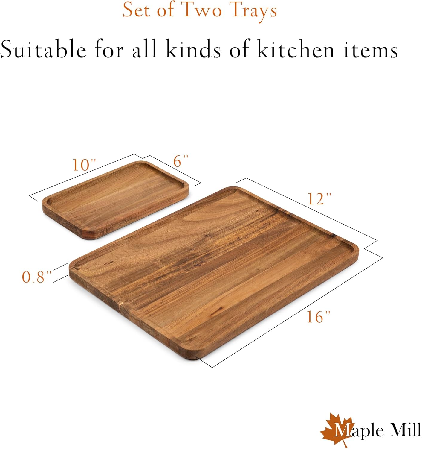 Acacia Rectangle Wooden Tray - 2 Sizes 16" X 12" and 10" X 6" - Food Safe Serving Tray - Large & Small Wooden Trays Combination - Durable Wood Display Tray for Coffee Party or Home Decor - Image 3