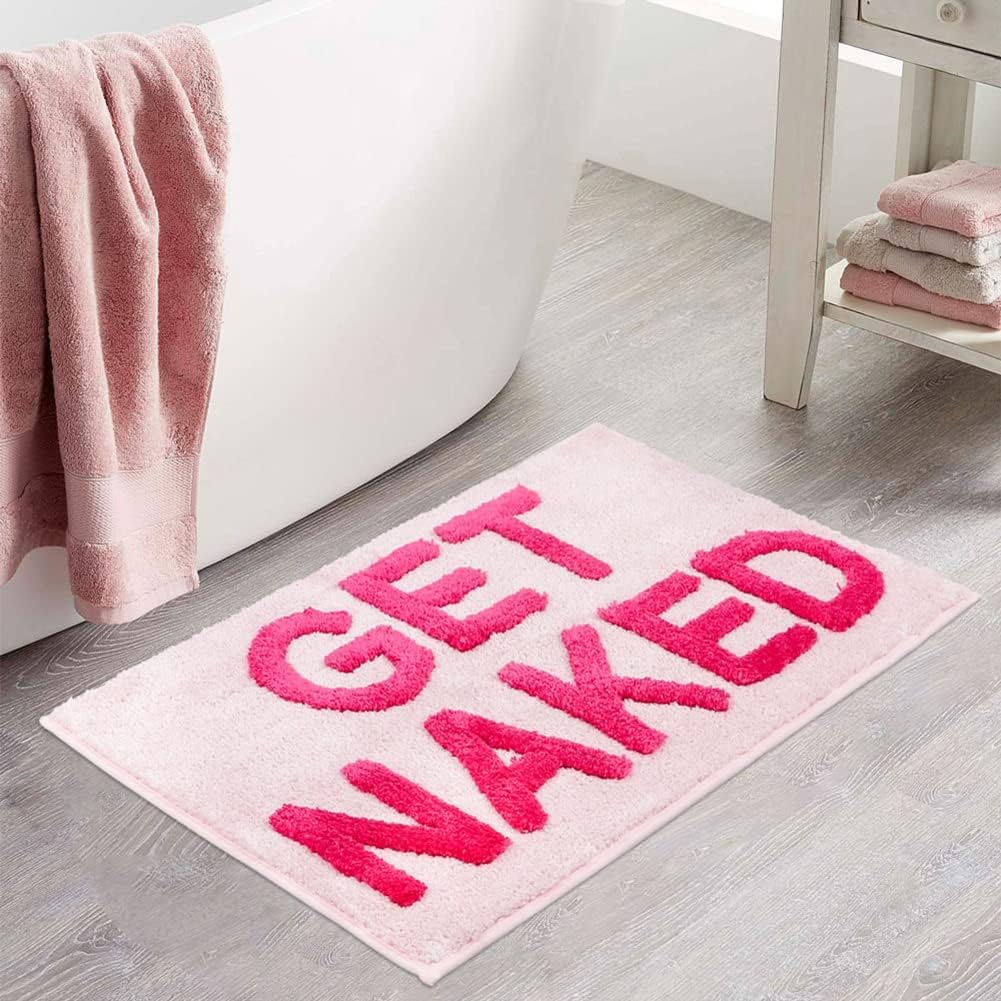 Zeeinx Get Naked Bath Mat Cute Bathroom Rugs Non Slip Microfiber Bath Rugs Funny Bathroom Decor Machine Washable Pink Bath mat for Tub and Shower,16”