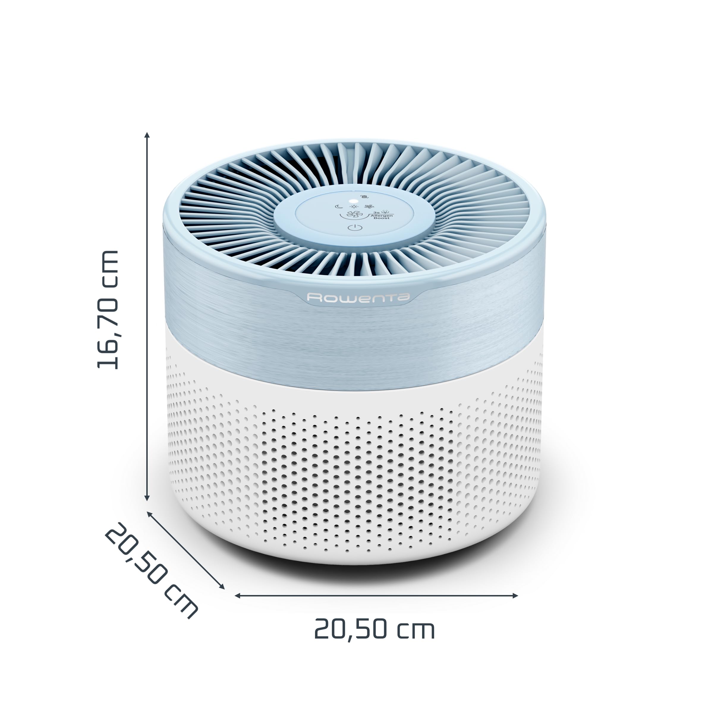Rowenta Pure Air Mini PU1520F0 Oczyszczacz powietrza, filtr HEPA do 22 m², bardzo cichy, redukujący nieprzyjemne zapachy, silnik Effitech, biały/niebieski