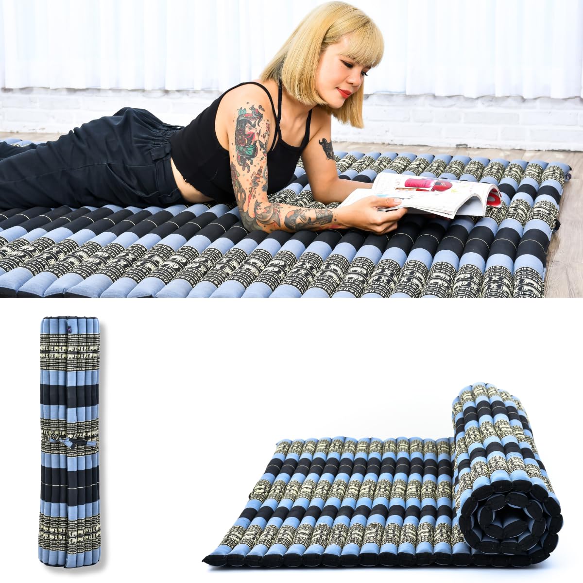 Leewadee - Foldable Floor Mattress - Japanese Roll Up Futon -Trifold Tatami Mat- Guest Floor Bed - Camping Mattress - Thai Massage Mat, Kapok Filled, 75 x 57 inches, Blue